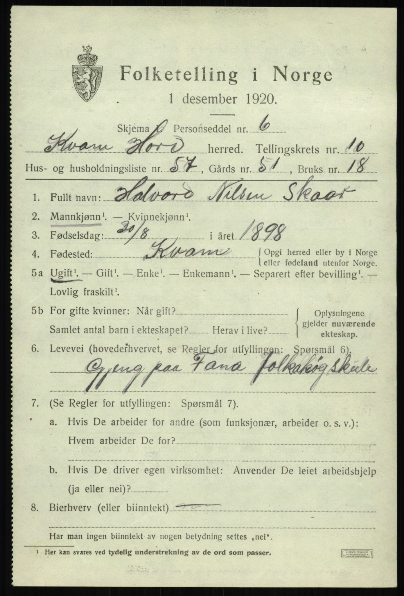 SAB, 1920 census for Kvam, 1920, p. 7019