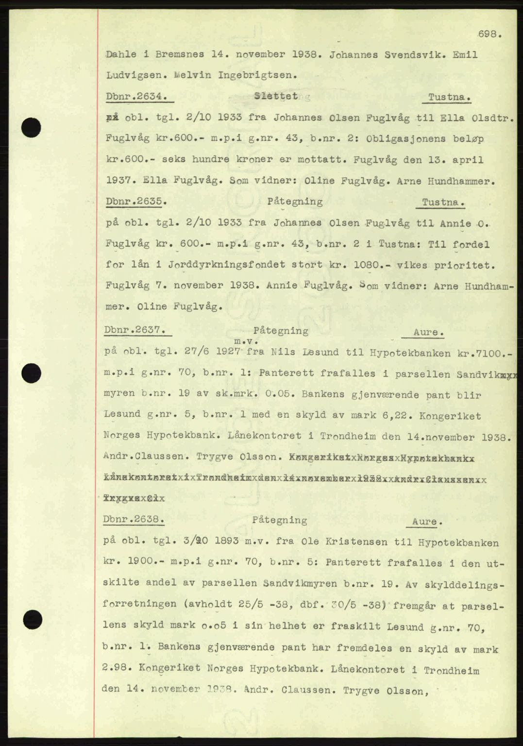 Nordmøre sorenskriveri, AV/SAT-A-4132/1/2/2Ca: Mortgage book no. C80, 1936-1939, Diary no: : 2634/1938