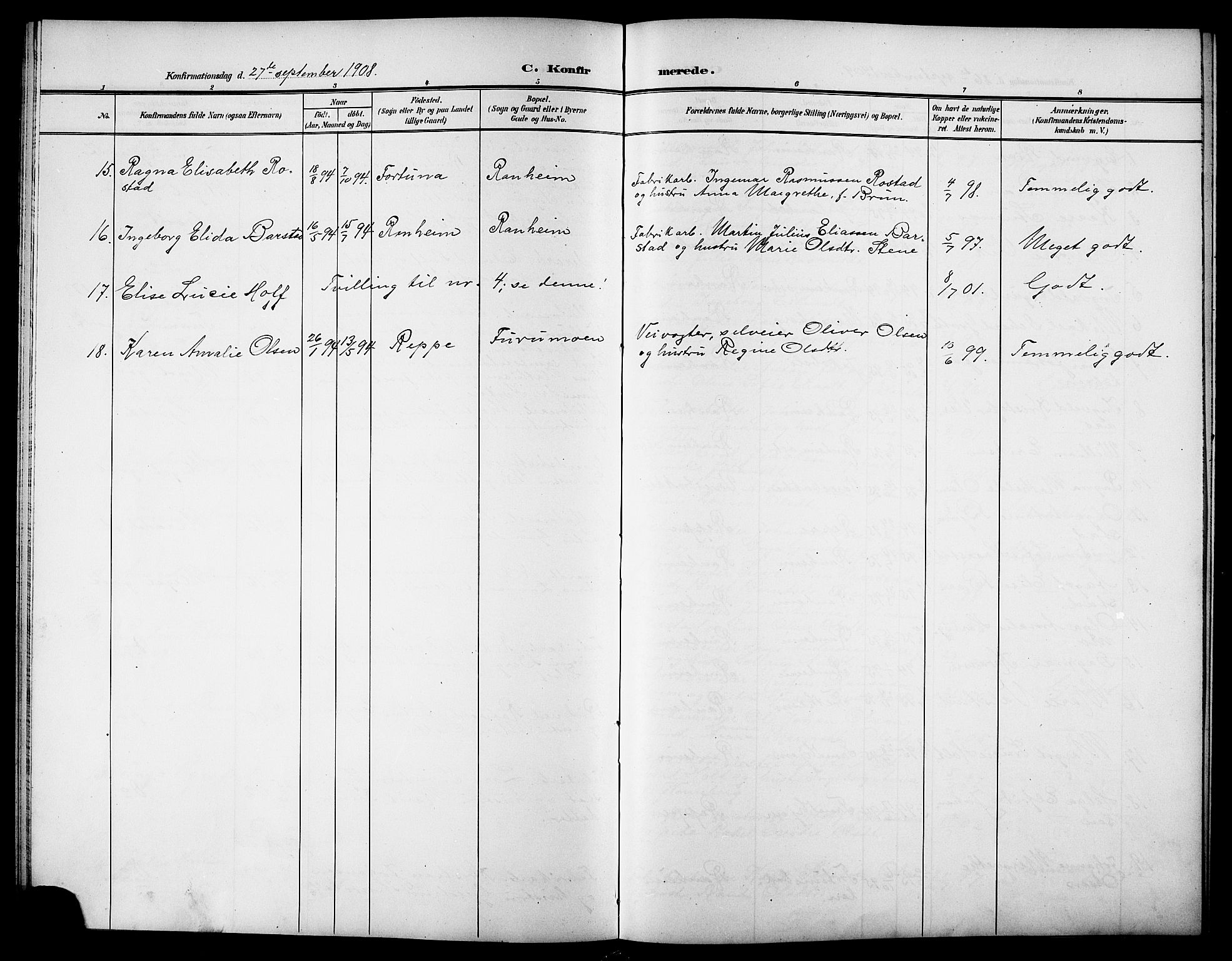 Ministerialprotokoller, klokkerbøker og fødselsregistre - Sør-Trøndelag, AV/SAT-A-1456/615/L0400: Parish register (copy) no. 615C01, 1905-1921