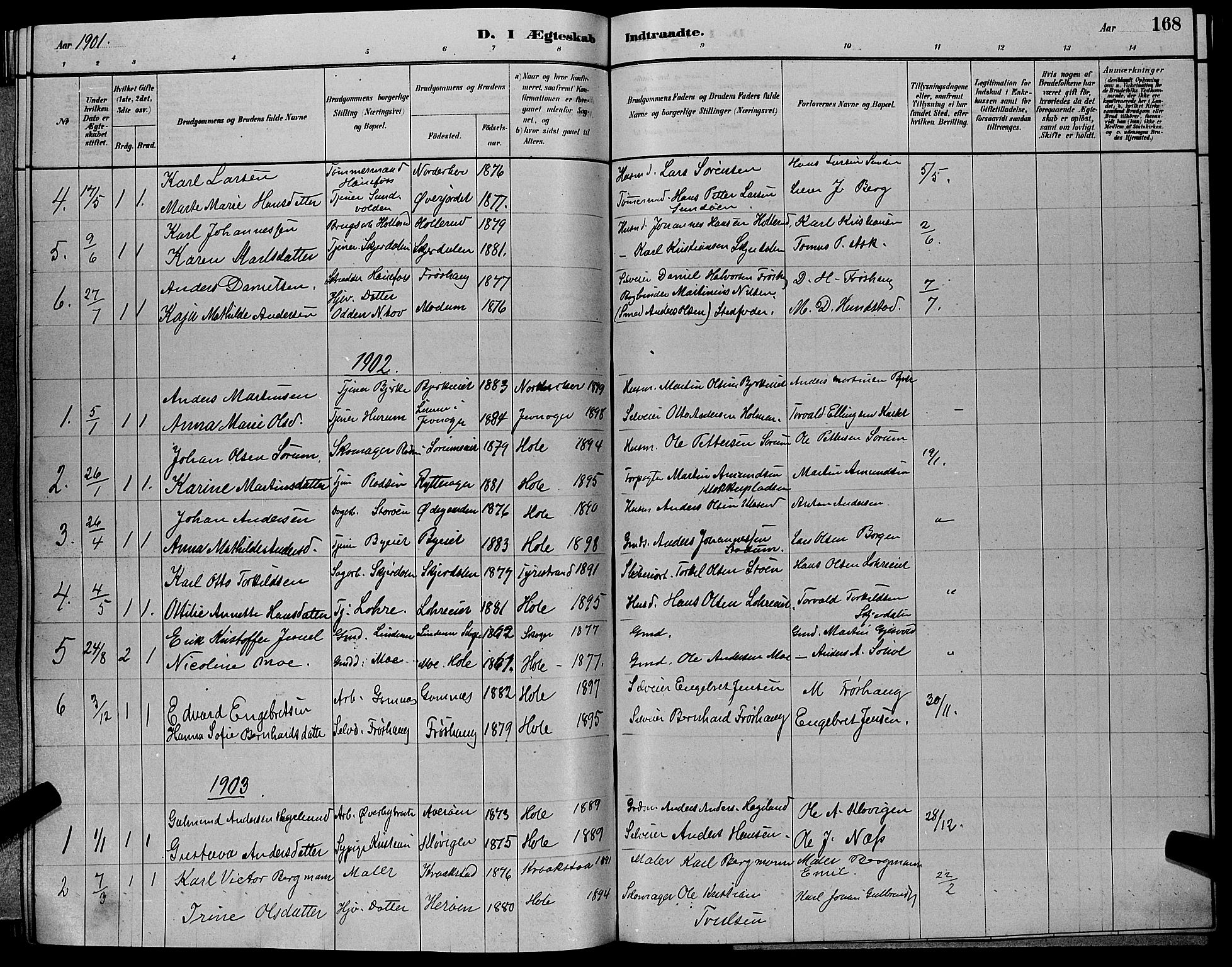Hole kirkebøker, AV/SAKO-A-228/G/Ga/L0003: Parish register (copy) no. I 3, 1879-1904, p. 168