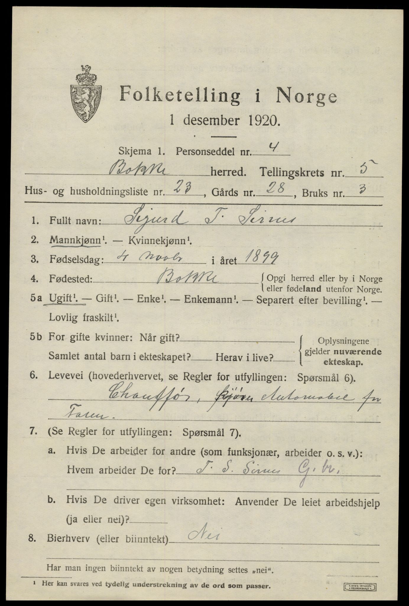 SAK, 1920 census for Bakke, 1920, p. 1678