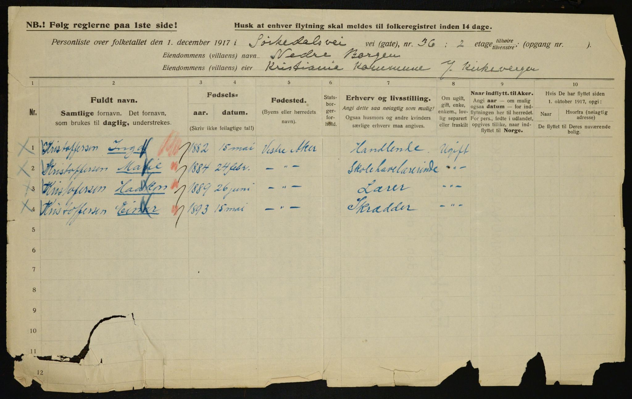 OBA, Municipal Census 1917 for Aker, 1917, p. 8820