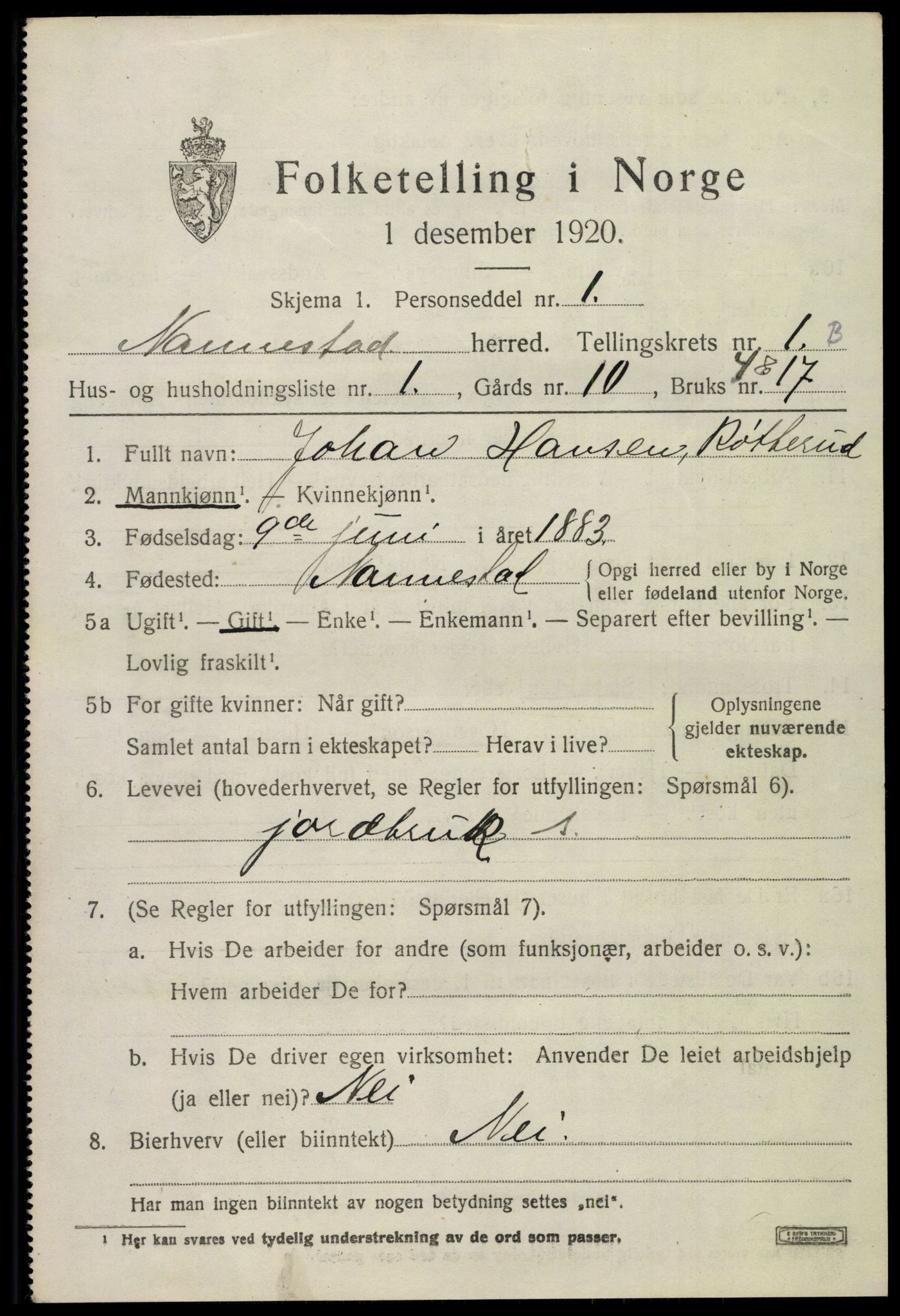 SAO, 1920 census for Nannestad, 1920, p. 1913