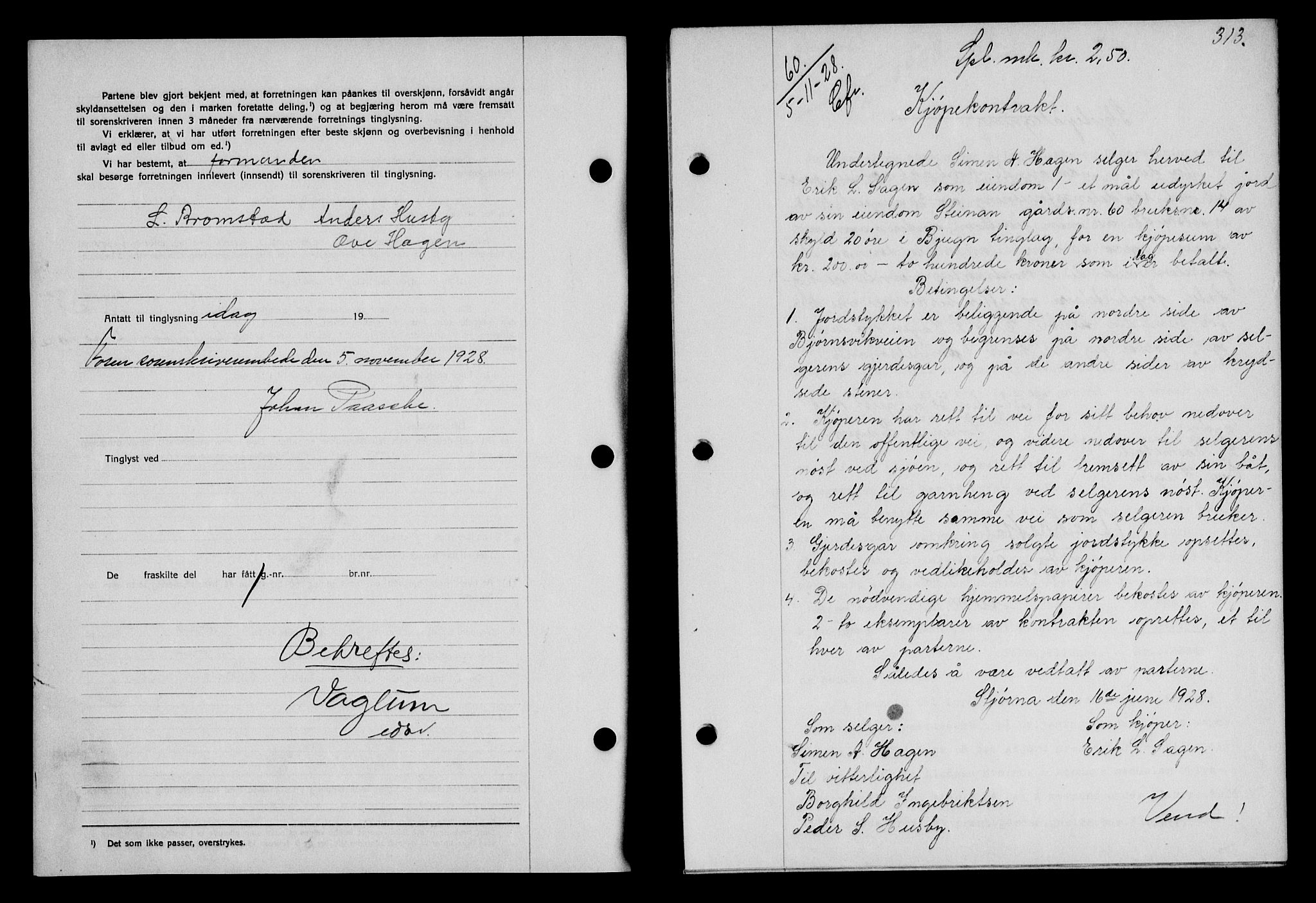 Fosen sorenskriveri, AV/SAT-A-1107/1/2/2C/L0067: Mortgage book no. 58, 1928-1929, p. 313, Deed date: 05.11.1928