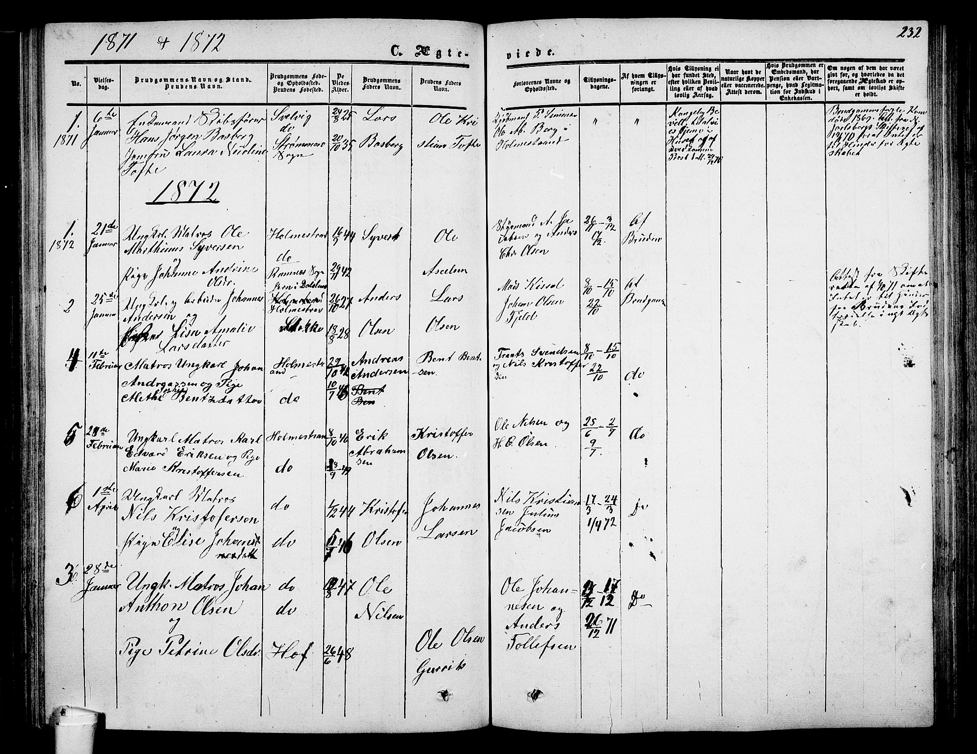 Holmestrand kirkebøker, AV/SAKO-A-346/G/Ga/L0003: Parish register (copy) no. 3, 1849-1874, p. 232