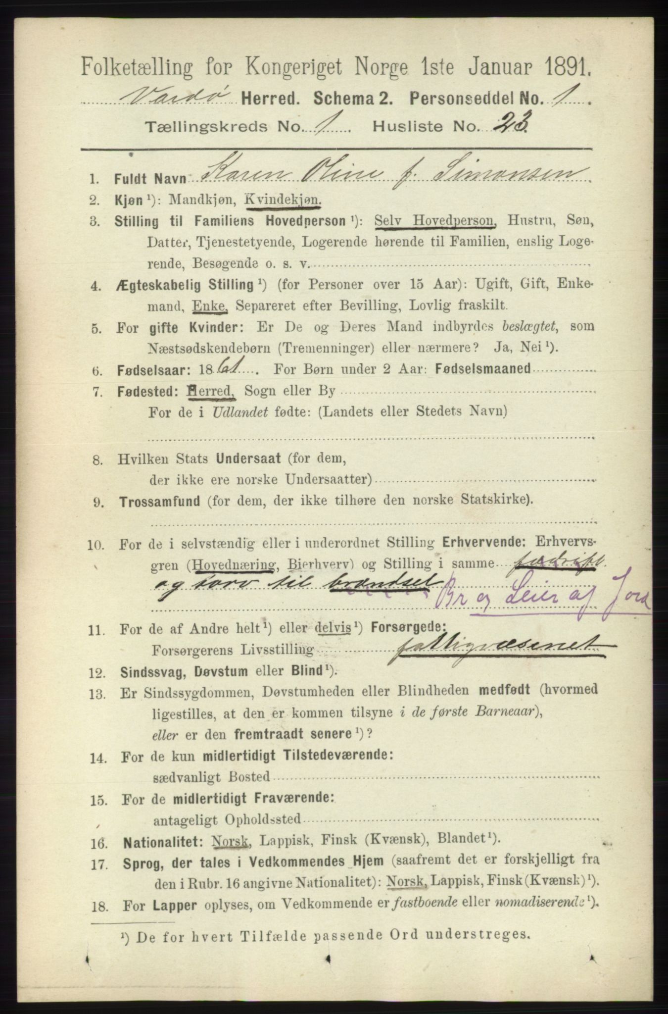 RA, 1891 census for 2028 Vardø, 1891, p. 179