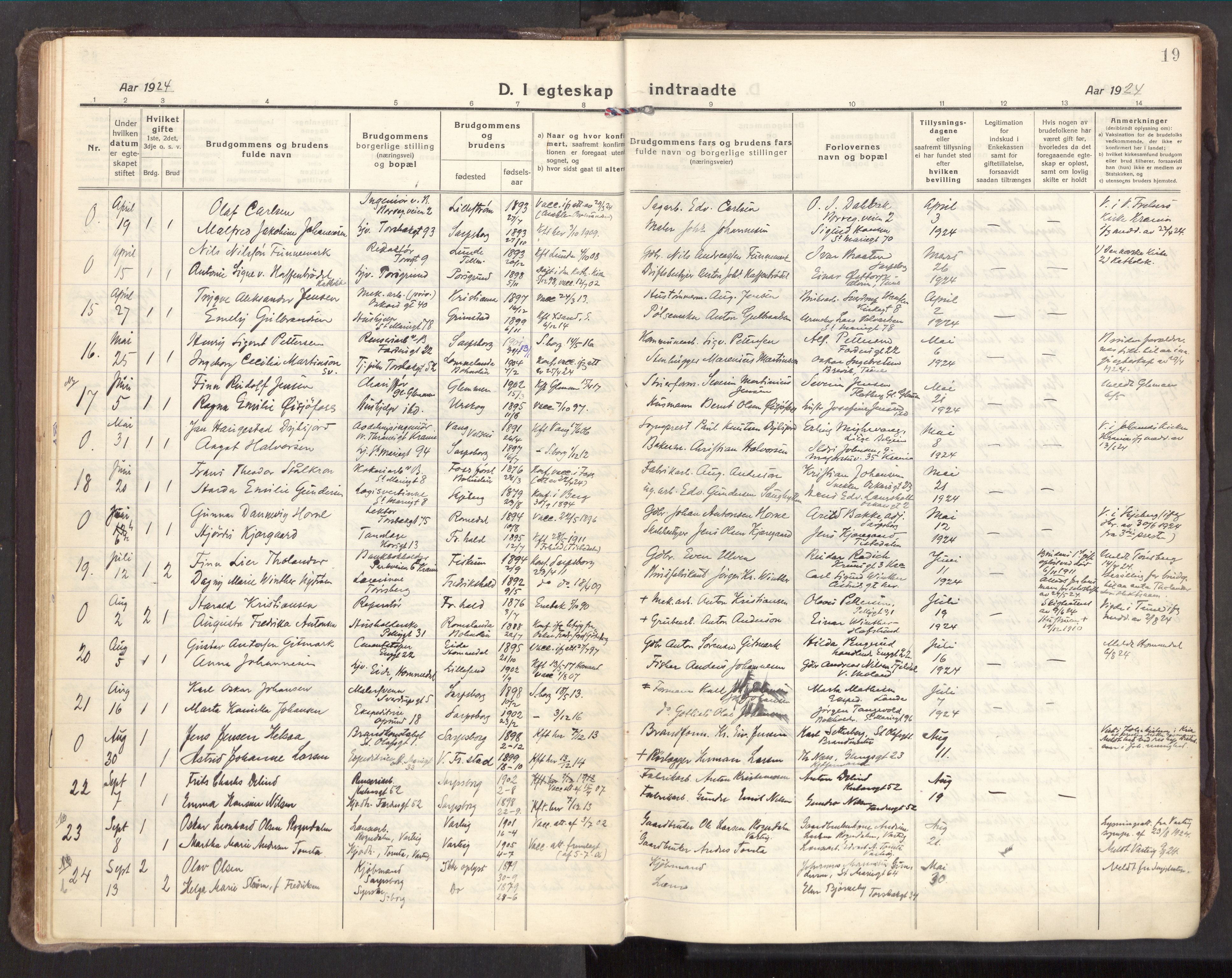 Sarpsborg prestekontor Kirkebøker, AV/SAO-A-2006/F/Fa/L0009: Parish register (official) no. 9, 1919-1931, p. 19