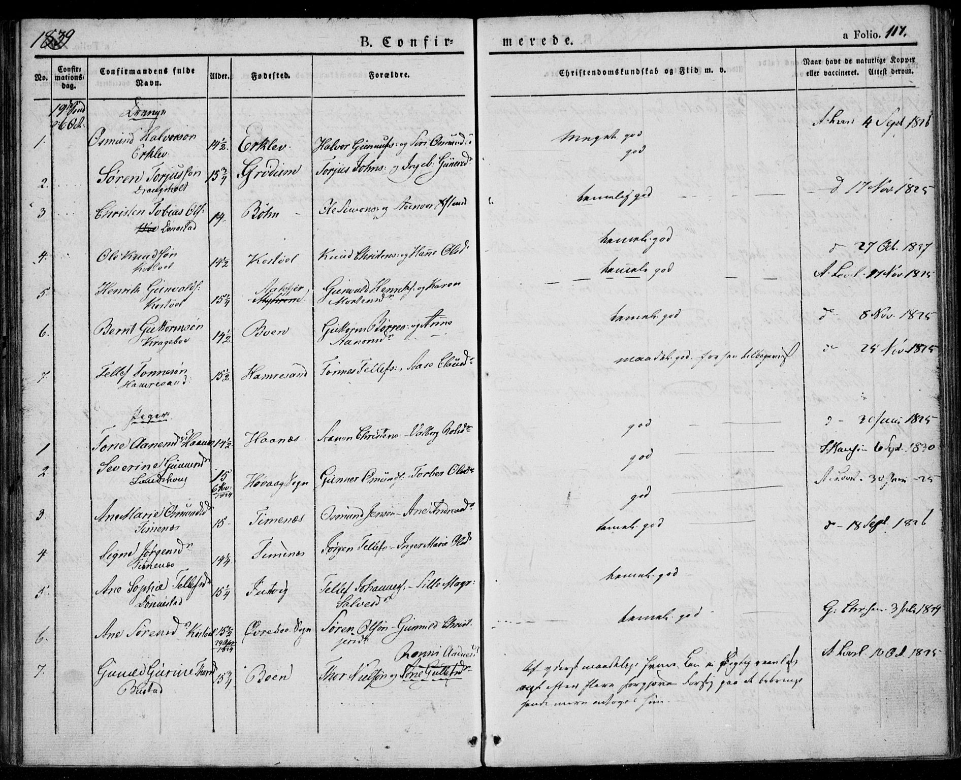 Tveit sokneprestkontor, AV/SAK-1111-0043/F/Fa/L0003: Parish register (official) no. A 3, 1829-1852, p. 117