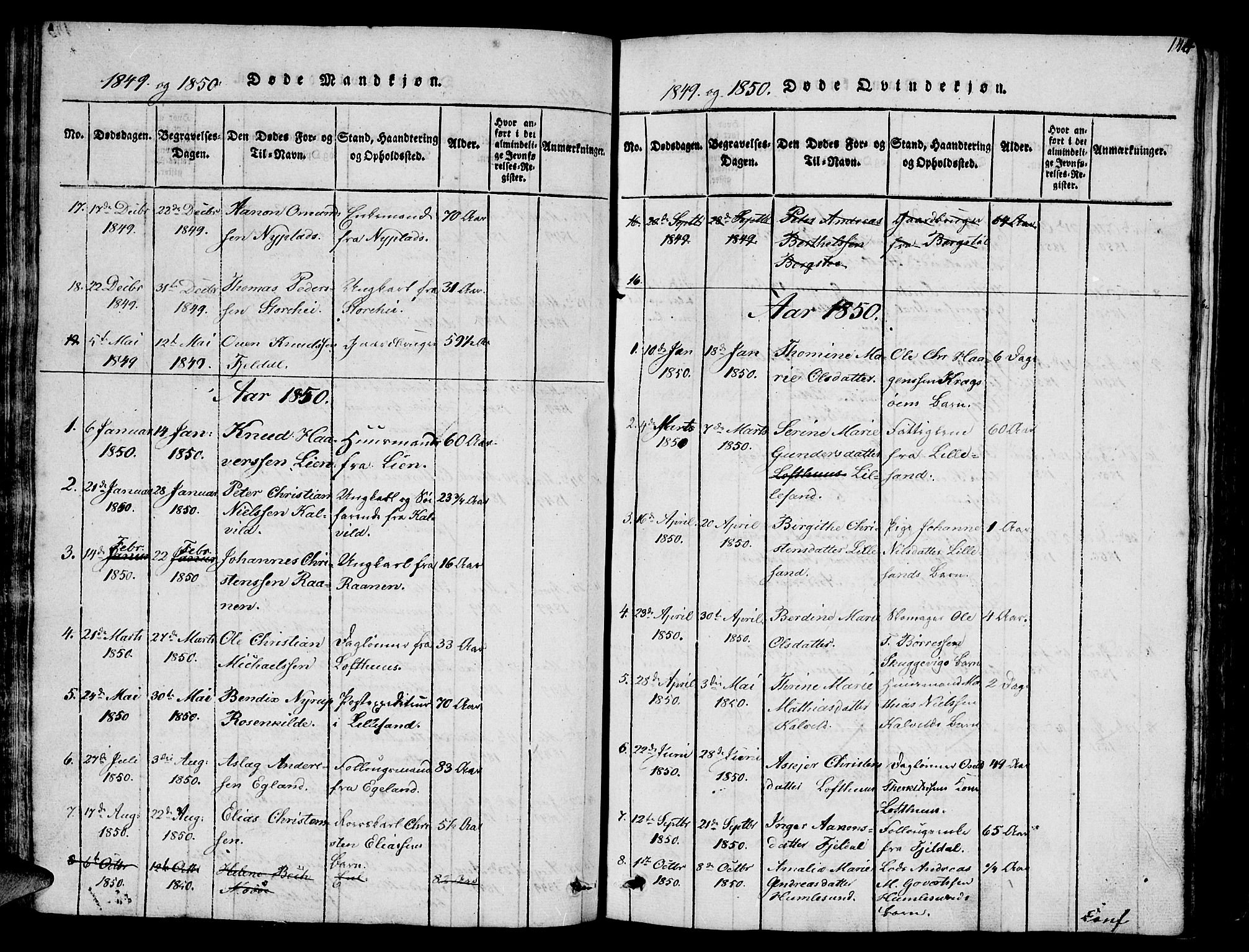 Vestre Moland sokneprestkontor, SAK/1111-0046/F/Fb/Fbb/L0001: Parish register (copy) no. B 1, 1816-1851, p. 144