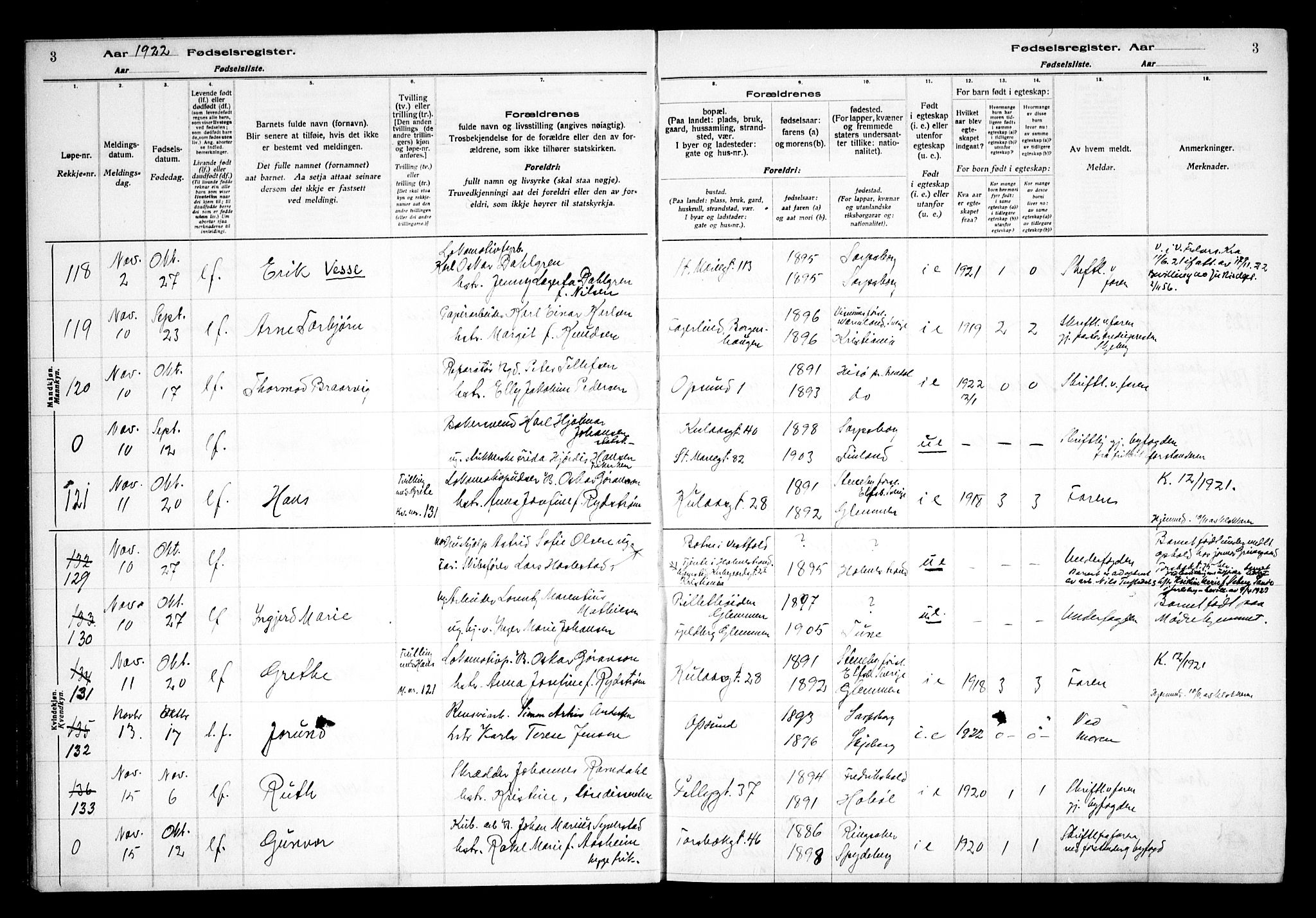 Sarpsborg prestekontor Kirkebøker, SAO/A-2006/J/Ja/L0002: Birth register no. 2, 1922-1928, p. 3