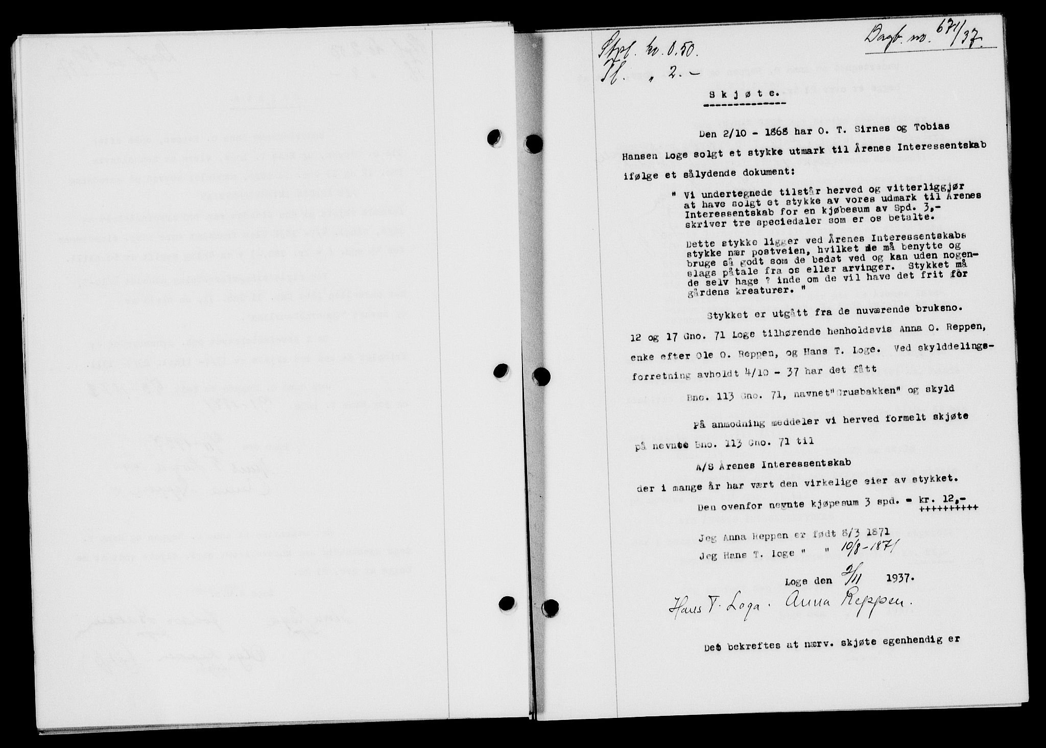 Flekkefjord sorenskriveri, SAK/1221-0001/G/Gb/Gba/L0054: Mortgage book no. A-2, 1937-1938, Diary no: : 671/1937