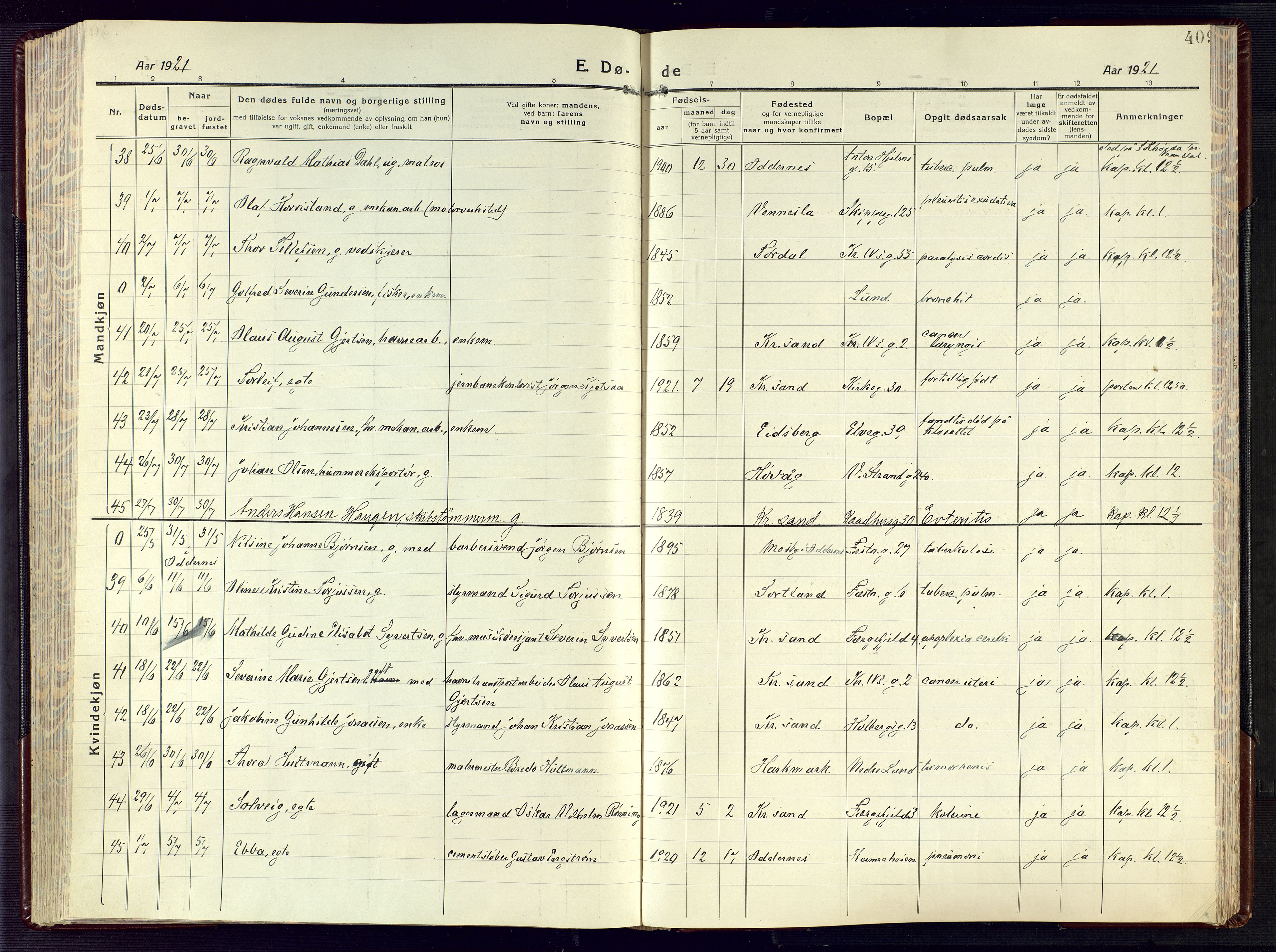Kristiansand domprosti, AV/SAK-1112-0006/F/Fa/L0028: Parish register (official) no. A 27, 1917-1926, p. 409