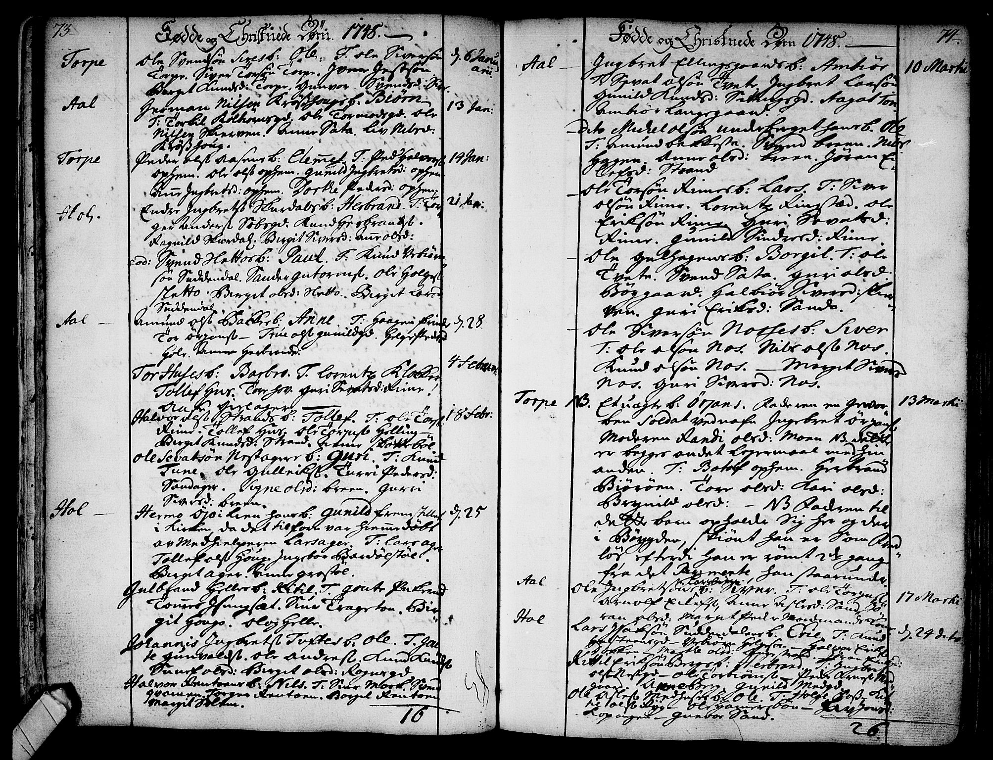 Ål kirkebøker, AV/SAKO-A-249/F/Fa/L0001: Parish register (official) no. I 1, 1744-1769, p. 73-74