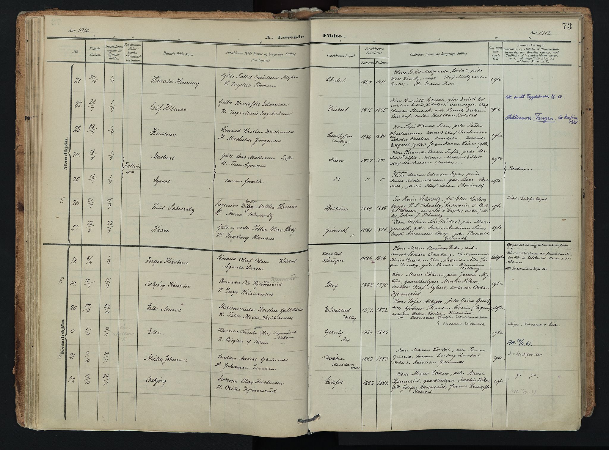 Hof kirkebøker, SAKO/A-64/F/Fa/L0008: Parish register (official) no. I 8, 1902-1921, p. 73