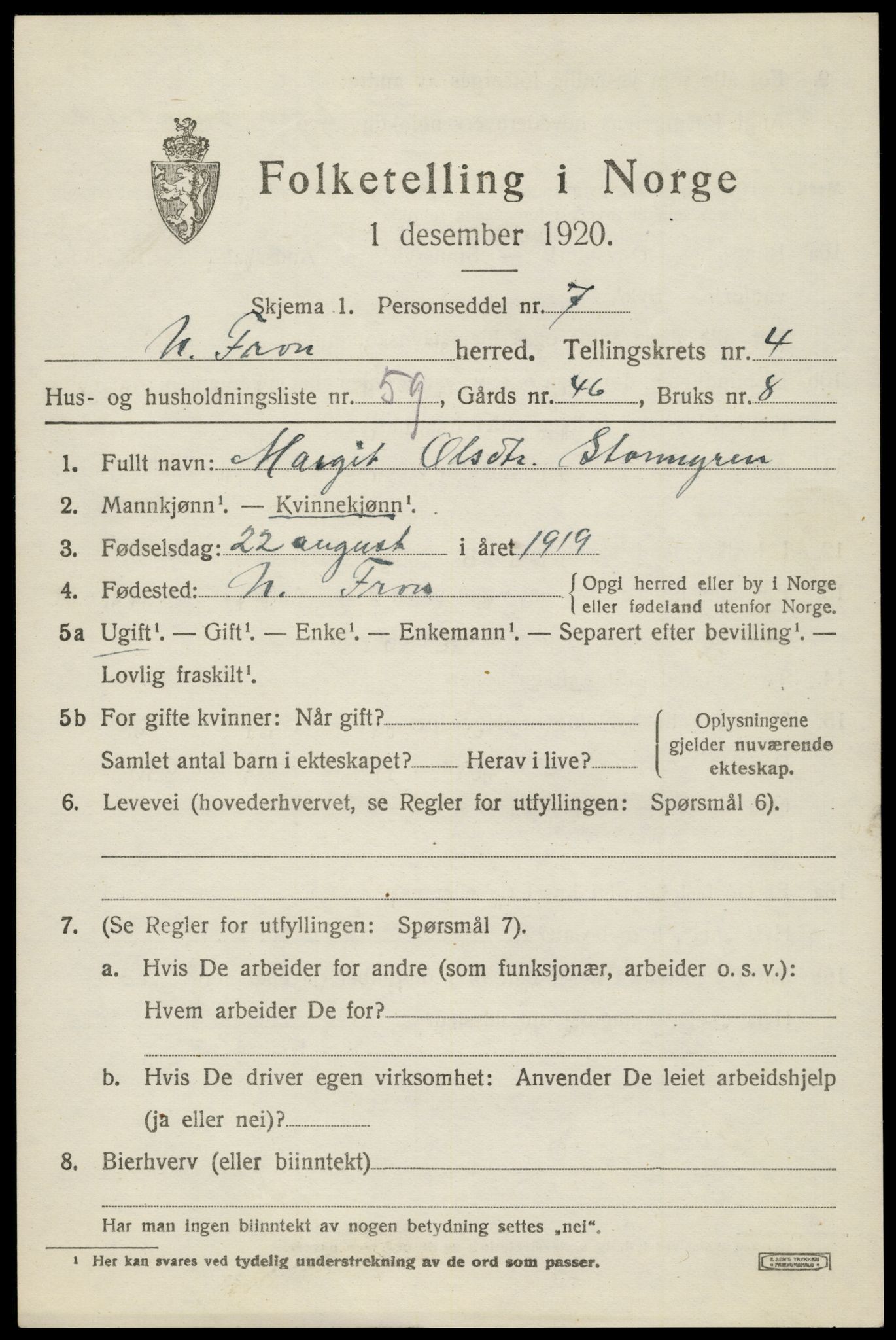 SAH, 1920 census for Nord-Fron, 1920, p. 4724