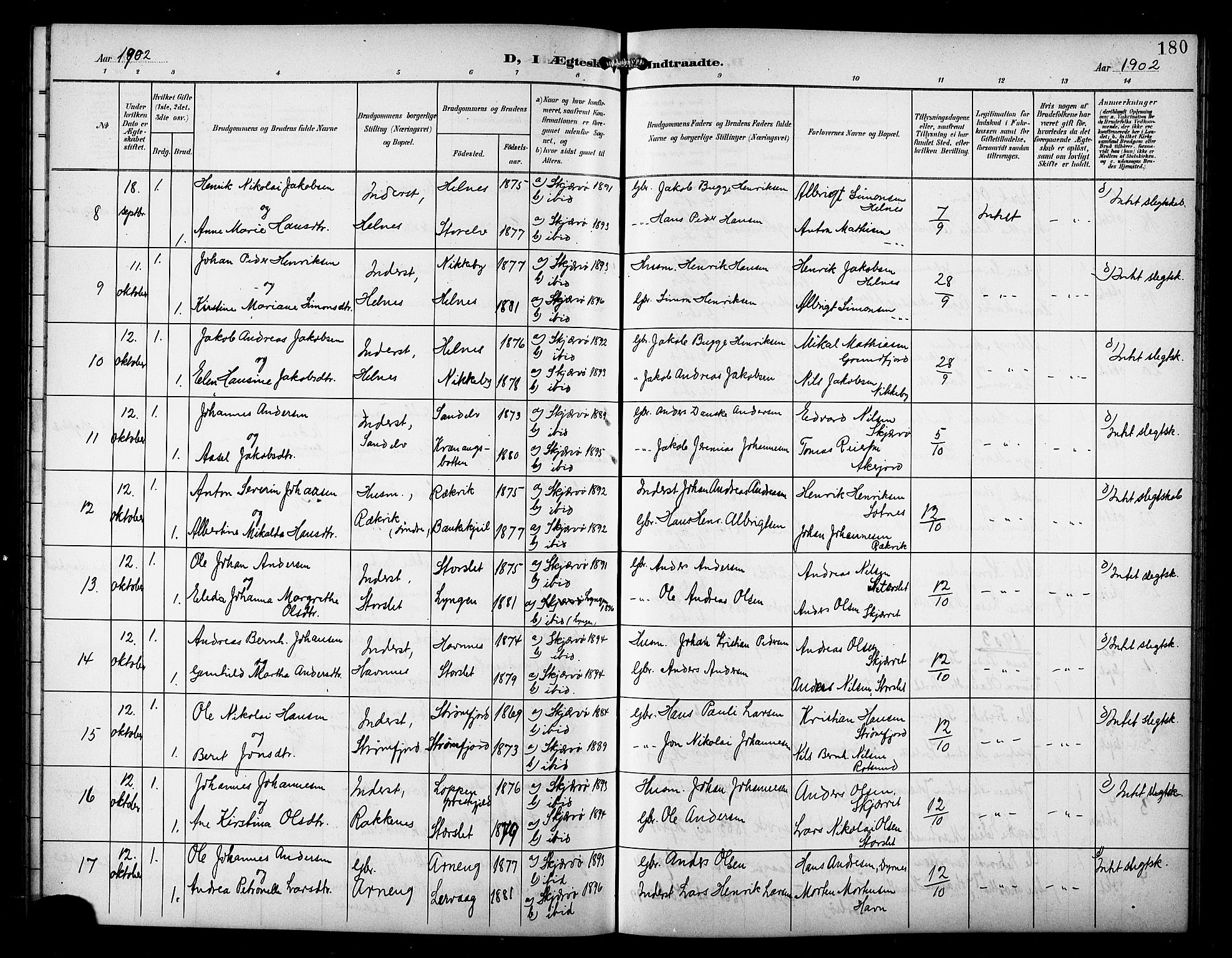 Skjervøy sokneprestkontor, AV/SATØ-S-1300/H/Ha/Hab/L0008klokker: Parish register (copy) no. 8, 1900-1910, p. 180