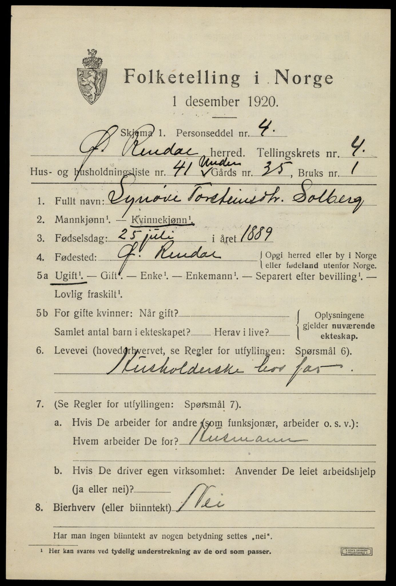 SAH, 1920 census for Øvre Rendal, 1920, p. 2043