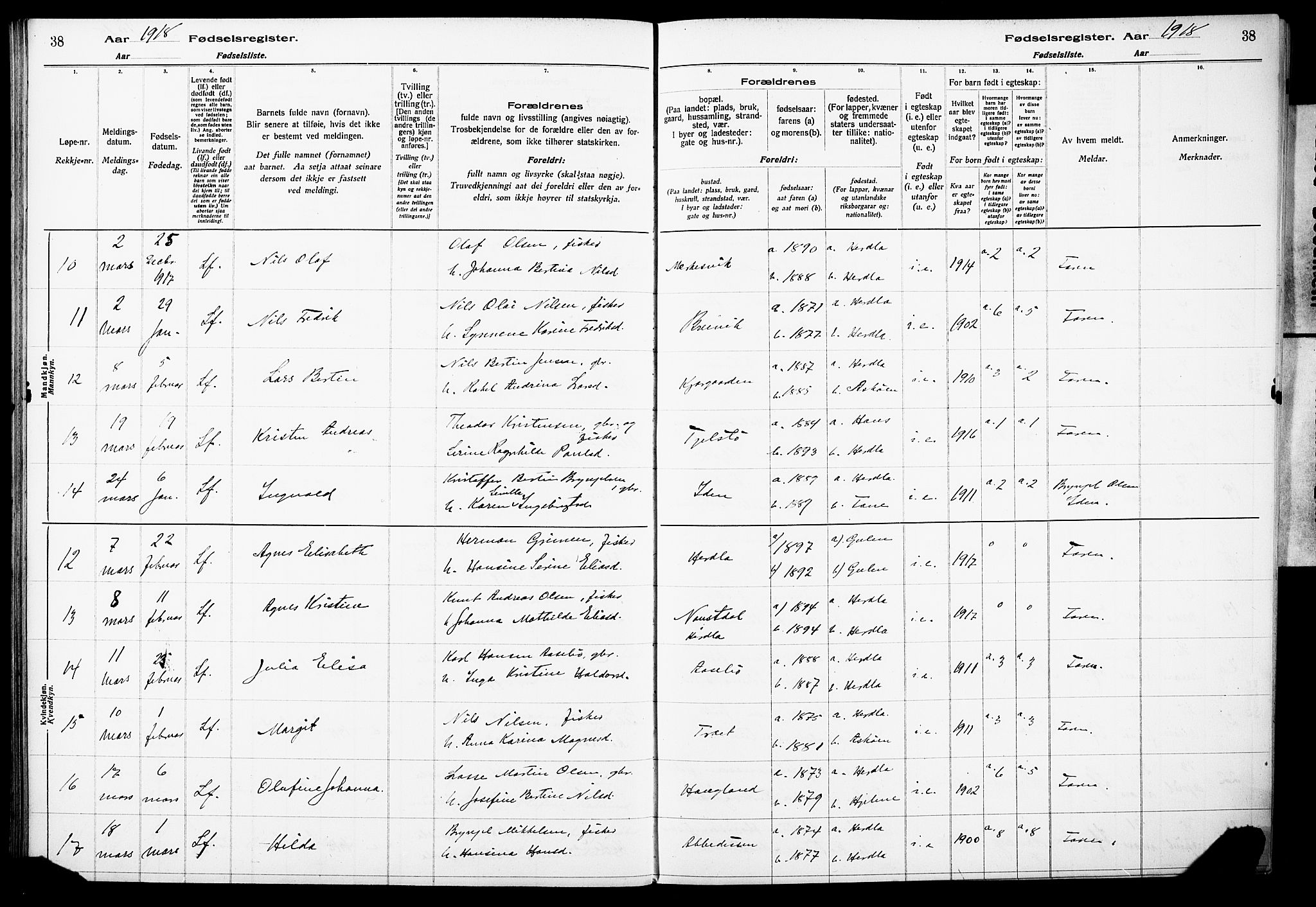 Herdla Sokneprestembete, SAB/A-75701/I/Id/L00A1: Birth register no. A 1, 1916-1929, p. 38