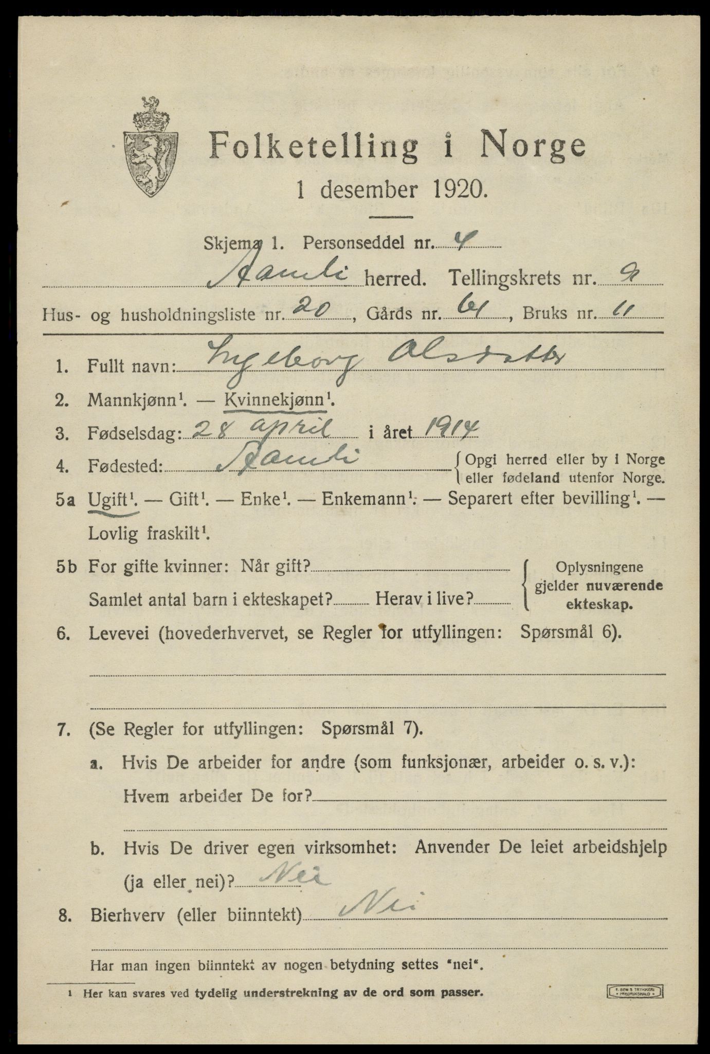 SAK, 1920 census for Åmli, 1920, p. 3705