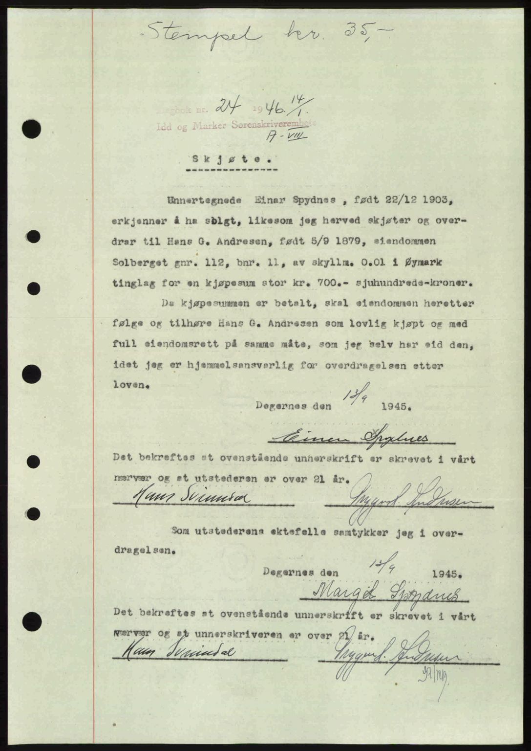 Idd og Marker sorenskriveri, AV/SAO-A-10283/G/Gb/Gbb/L0008: Mortgage book no. A8, 1946-1946, Diary no: : 24/1946