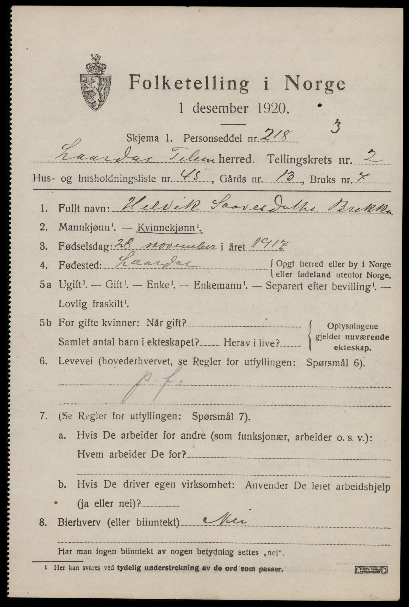 SAKO, 1920 census for Lårdal, 1920, p. 1637