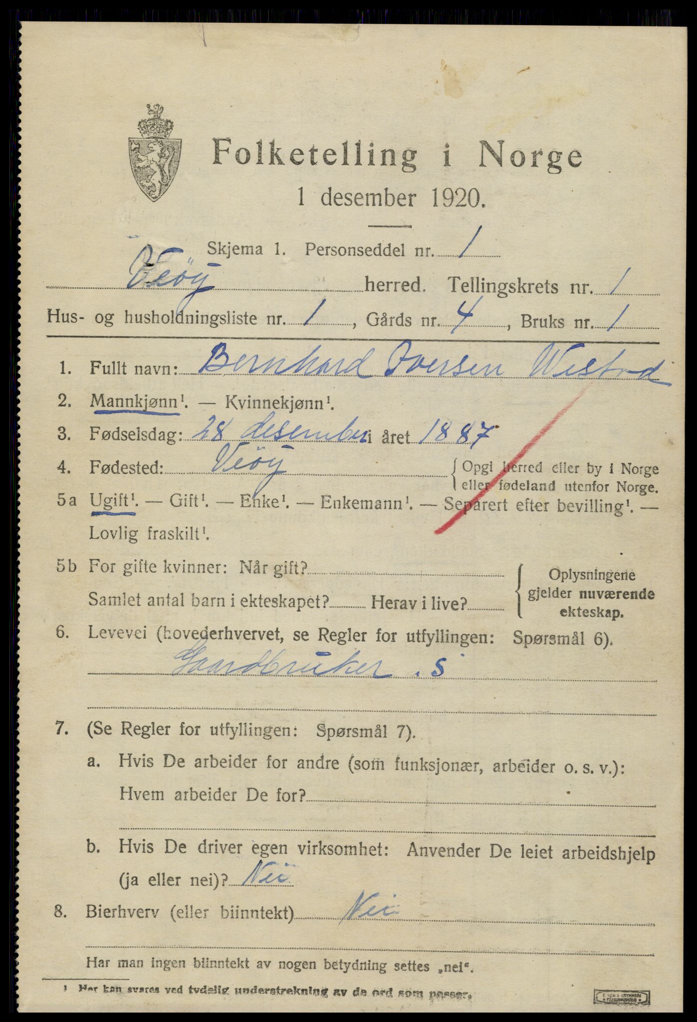 SAT, 1920 census for Veøy, 1920, p. 915