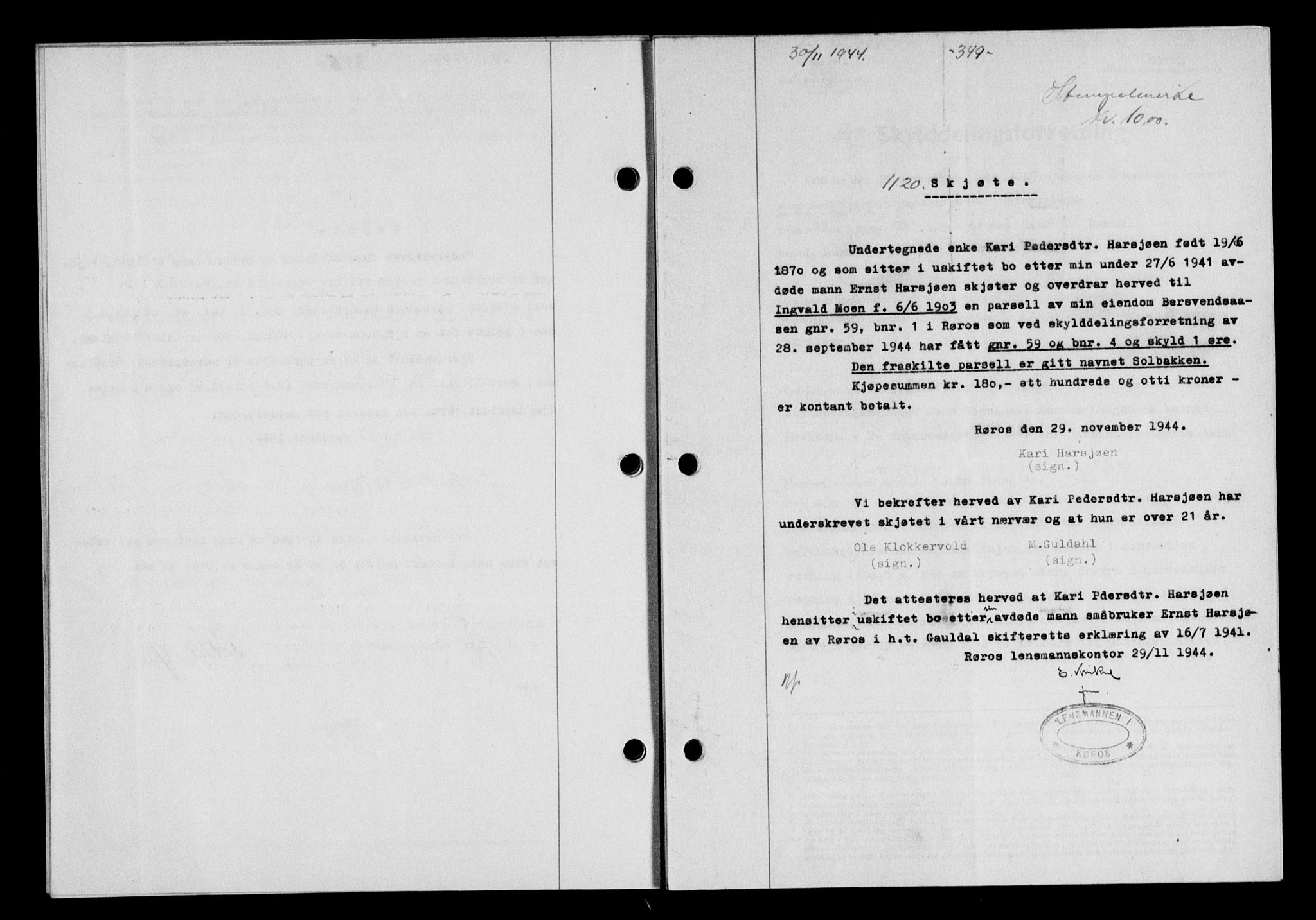 Gauldal sorenskriveri, SAT/A-0014/1/2/2C/L0058: Mortgage book no. 63, 1944-1945, Diary no: : 1120/1944