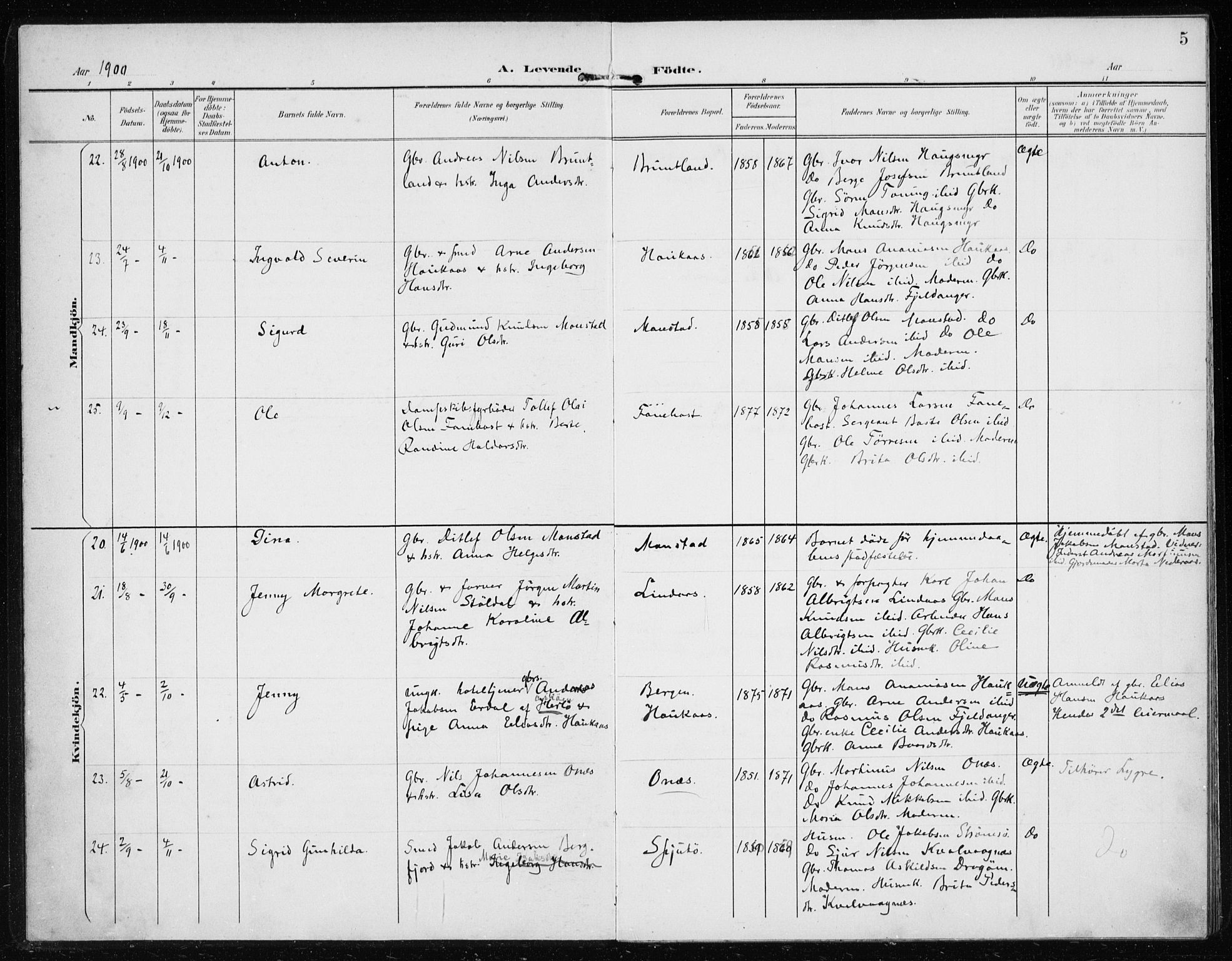 Lindås Sokneprestembete, AV/SAB-A-76701/H/Haa/Haab/L0002: Parish register (official) no. B 2, 1900-1912, p. 5