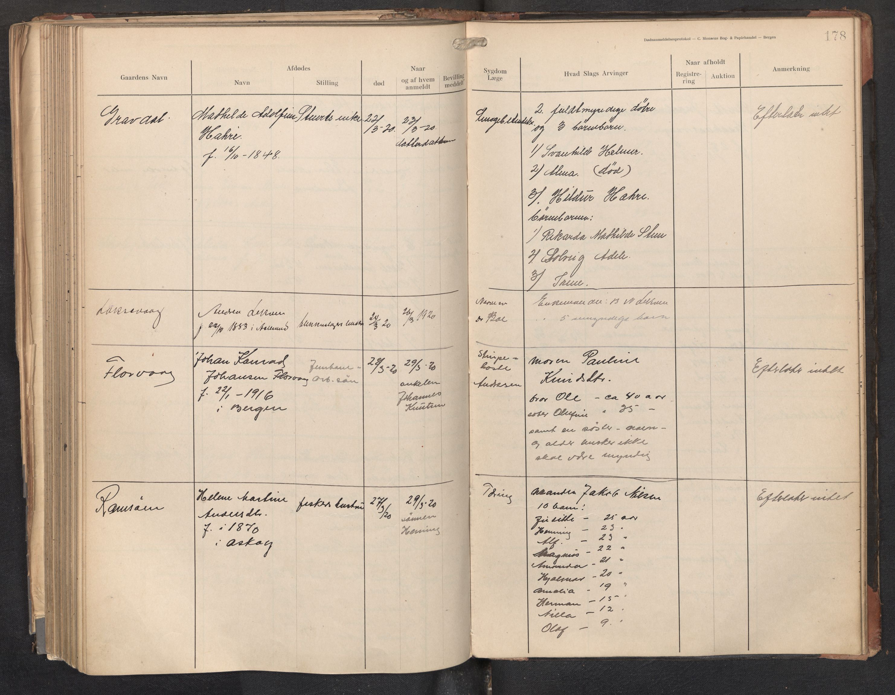 Lensmannen i Askøy, AV/SAB-A-31001/0006/L0001: Dødsfallprotokoll med register , 1907-1921, p. 178