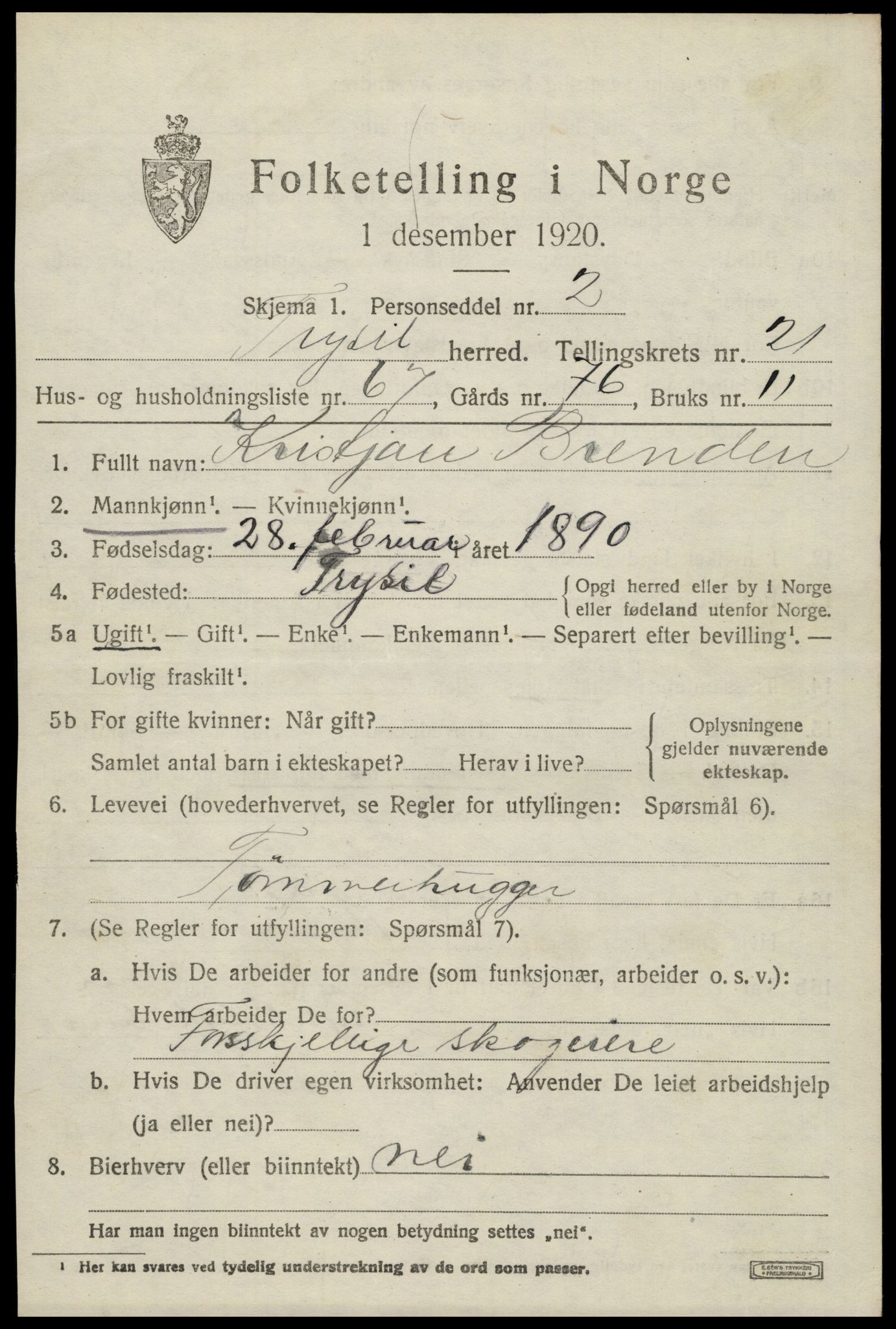 SAH, 1920 census for Trysil, 1920, p. 14559