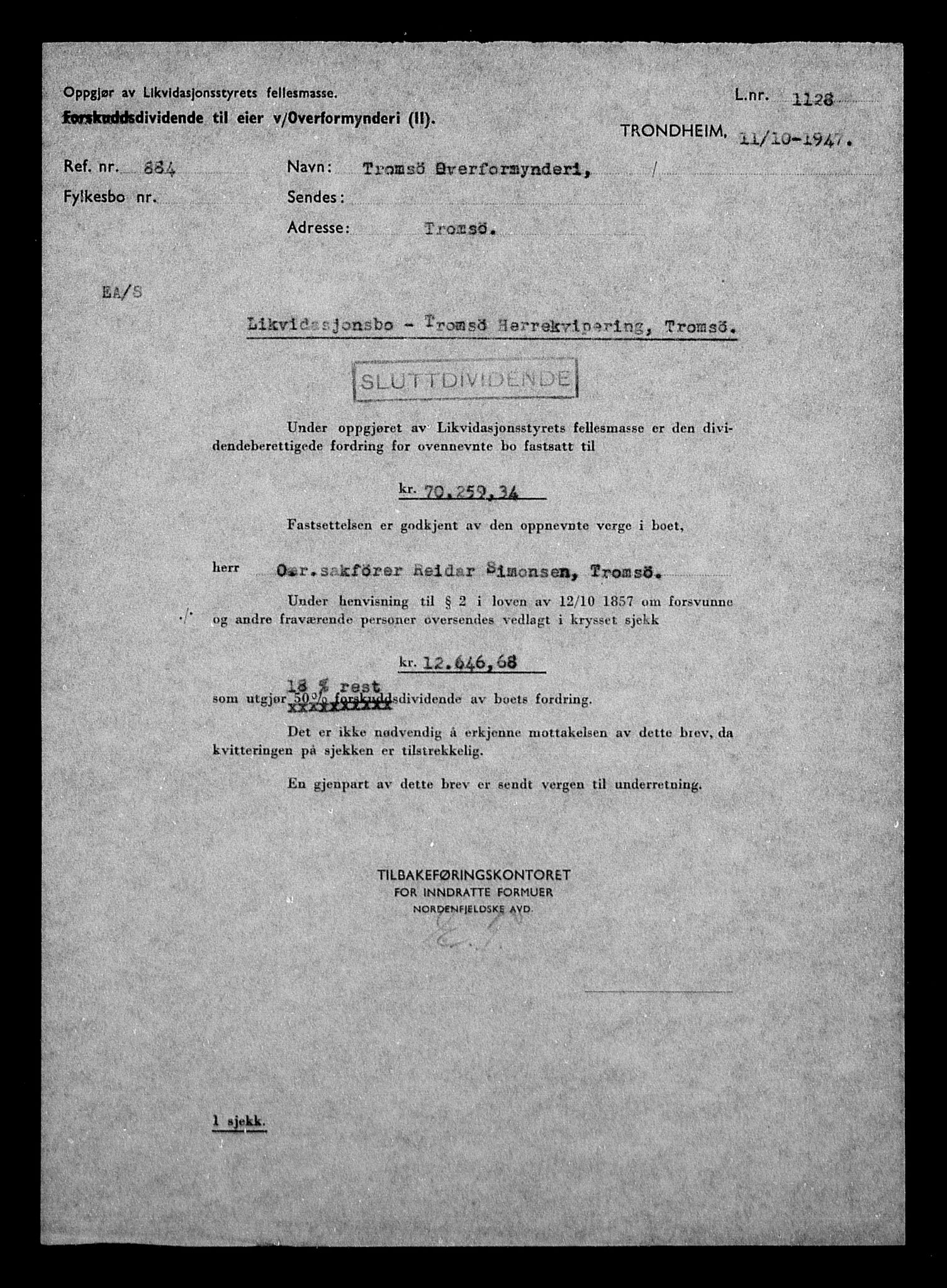 Justisdepartementet, Tilbakeføringskontoret for inndratte formuer, AV/RA-S-1564/H/Hc/Hcb/L0916: --, 1945-1947, p. 907