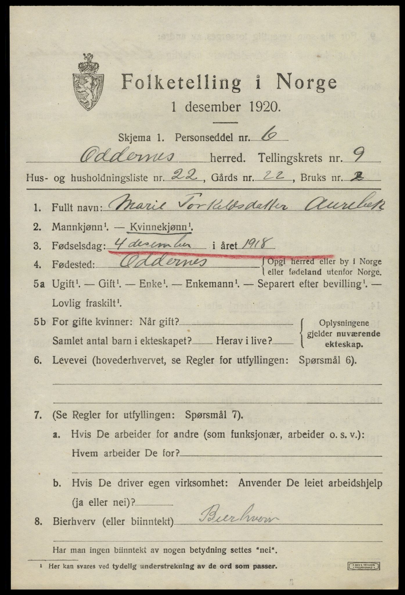 SAK, 1920 census for Oddernes, 1920, p. 6279