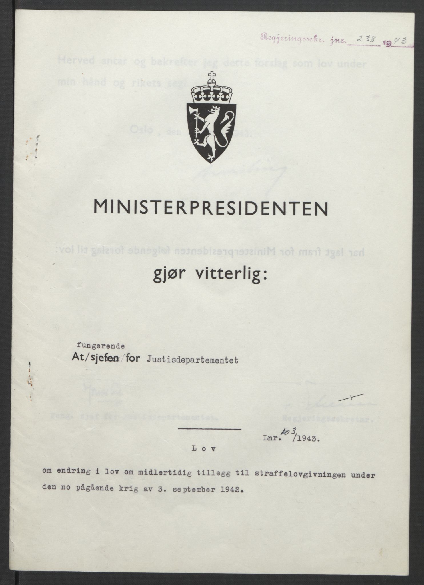 NS-administrasjonen 1940-1945 (Statsrådsekretariatet, de kommisariske statsråder mm), RA/S-4279/D/Db/L0099: Lover, 1943, p. 477