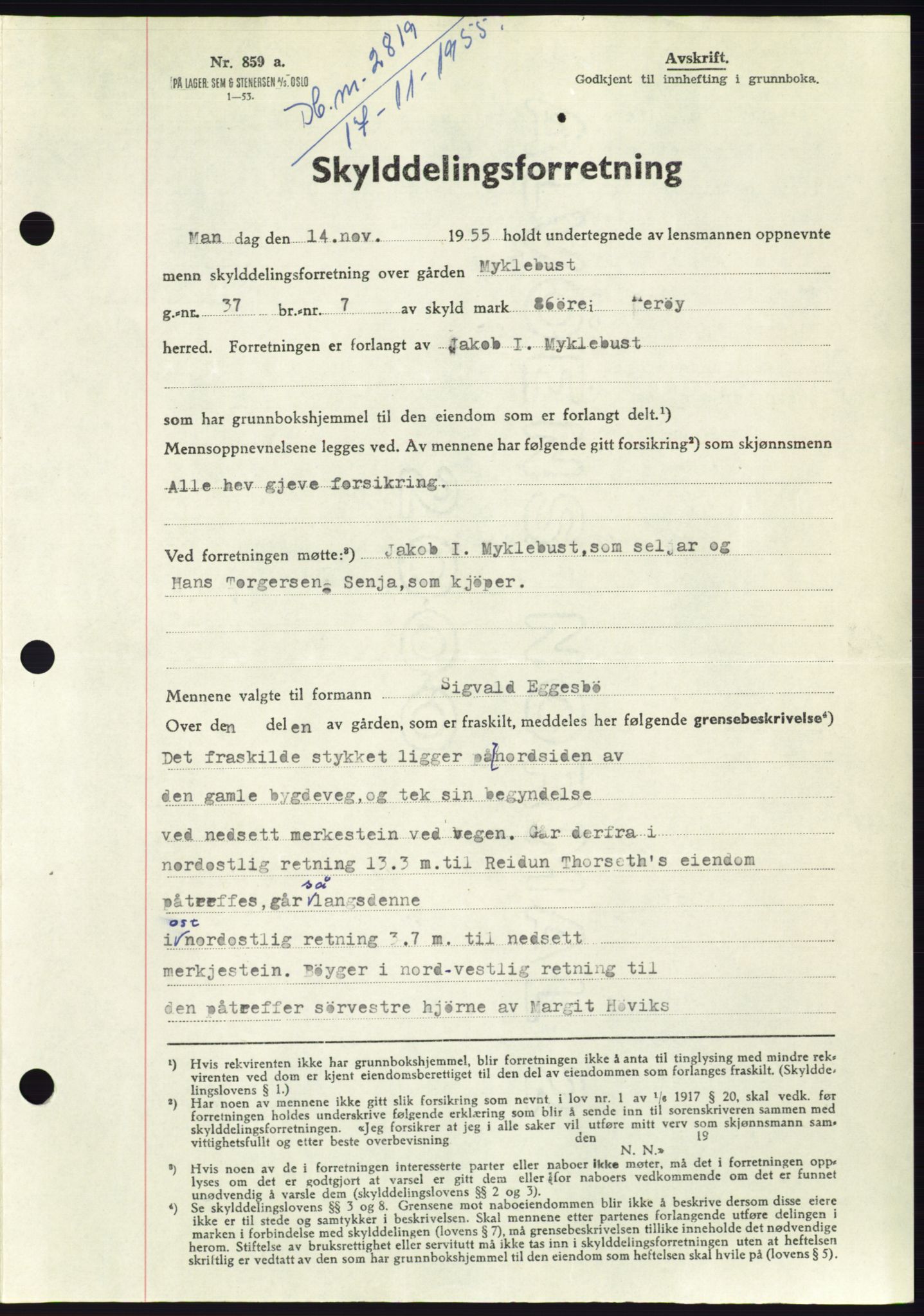 Søre Sunnmøre sorenskriveri, AV/SAT-A-4122/1/2/2C/L0102: Mortgage book no. 28A, 1955-1956, Diary no: : 2819/1955