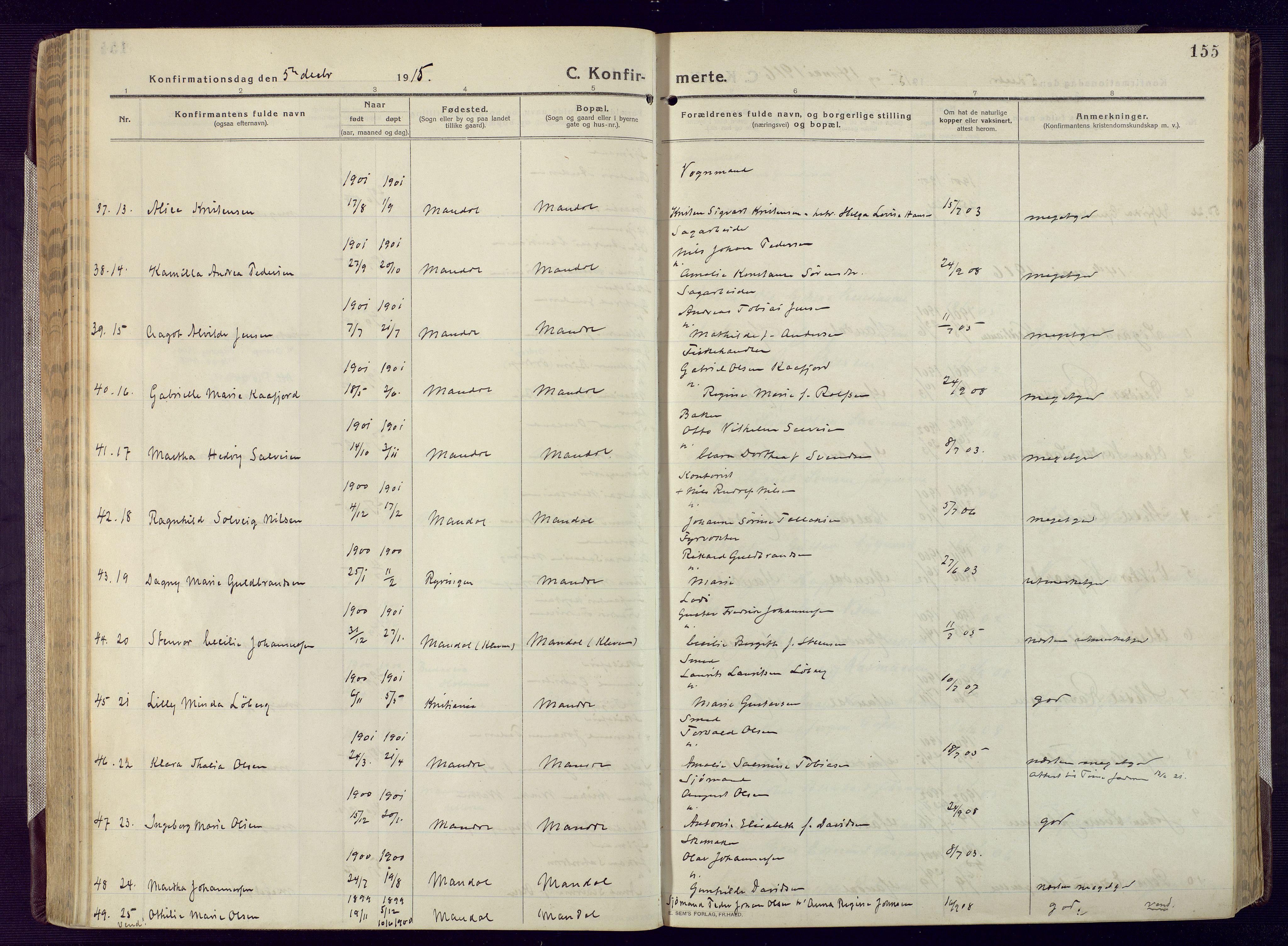 Mandal sokneprestkontor, AV/SAK-1111-0030/F/Fa/Fac/L0001: Parish register (official) no. A 1, 1913-1925, p. 155