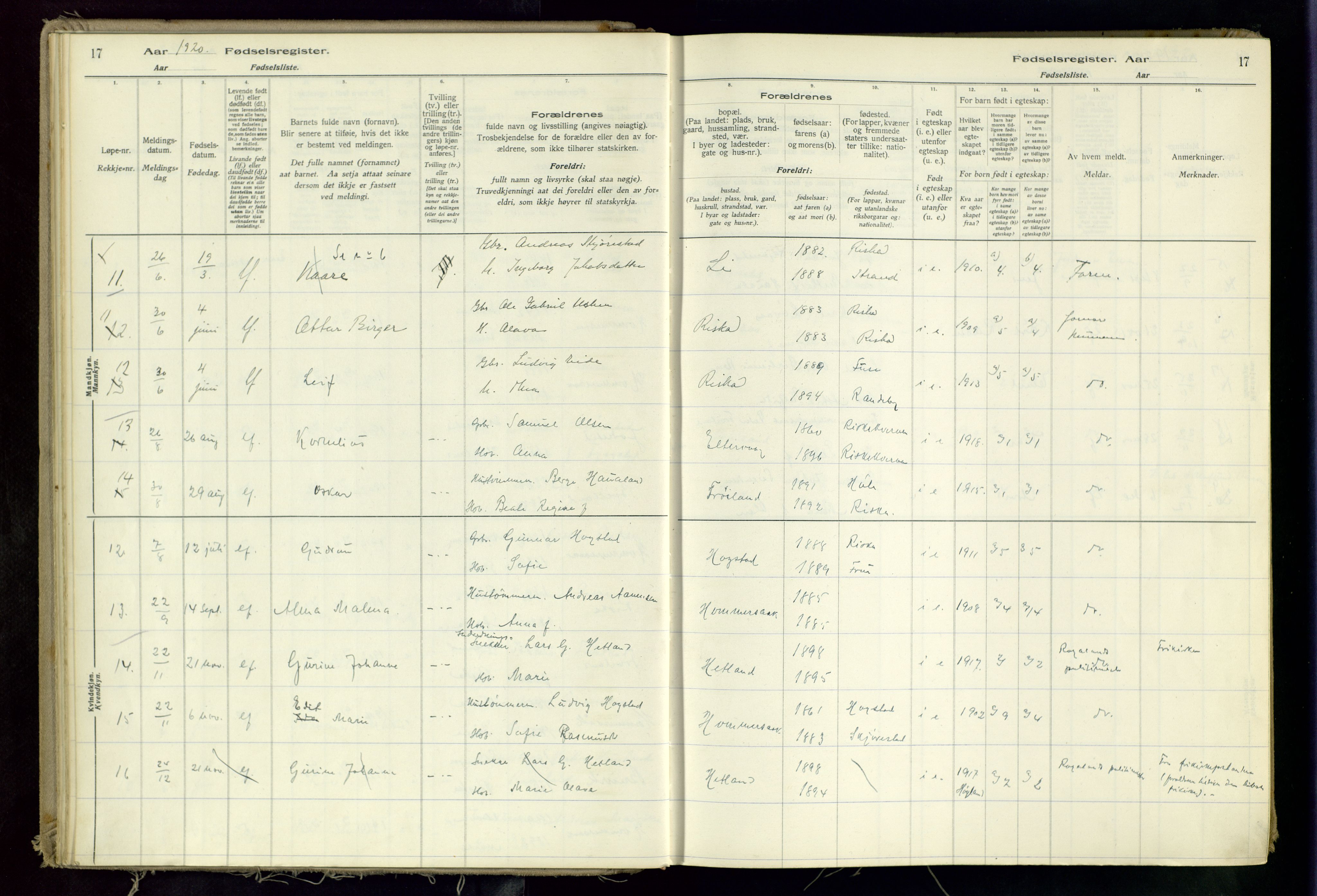 Hetland sokneprestkontor, SAST/A-101826/70/704BA/L0002: Birth register no. 2, 1916-1968, p. 17