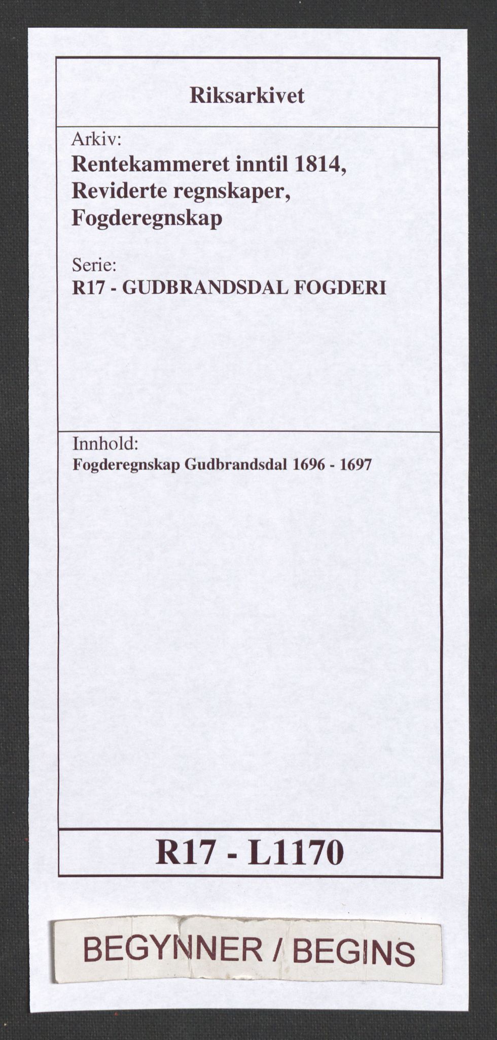 Rentekammeret inntil 1814, Reviderte regnskaper, Fogderegnskap, RA/EA-4092/R17/L1170: Fogderegnskap Gudbrandsdal, 1696-1697, p. 1