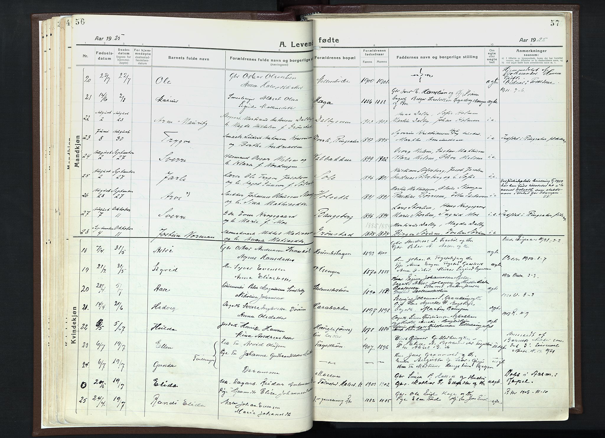 Veldre prestekontor, AV/SAH-PREST-018/K/Ka/L0001: Parish register (official) no. 1, 1921-1934, p. 56-57