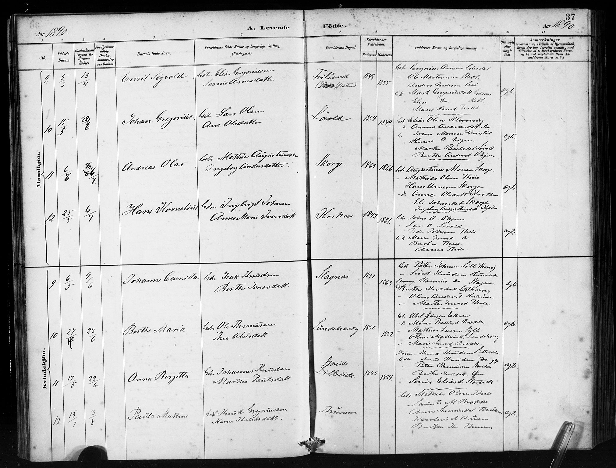 Ministerialprotokoller, klokkerbøker og fødselsregistre - Møre og Romsdal, AV/SAT-A-1454/501/L0008: Parish register (official) no. 501A08, 1885-1901, p. 37