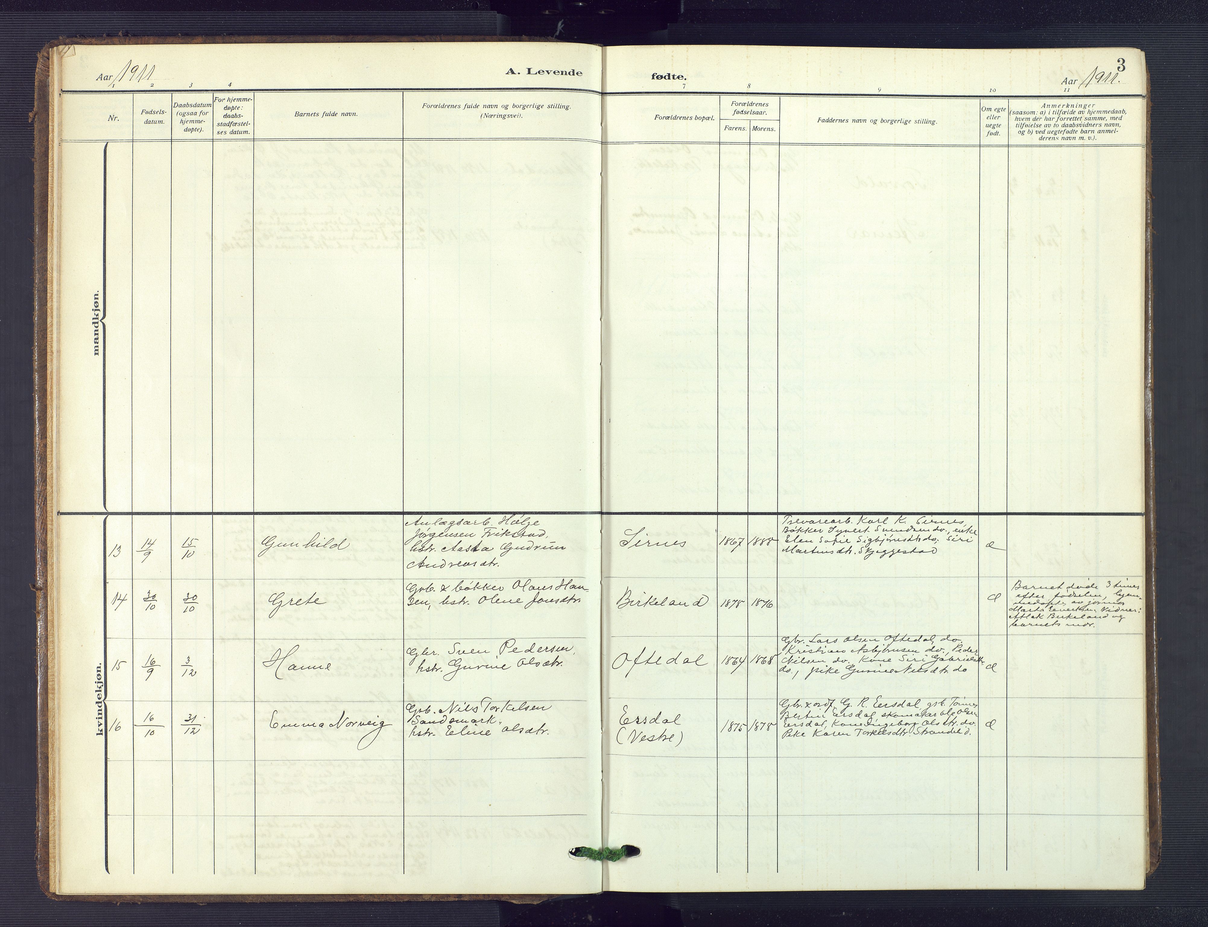 Bakke sokneprestkontor, AV/SAK-1111-0002/F/Fb/Fba/L0004: Parish register (copy) no. B 4, 1911-1946, p. 3