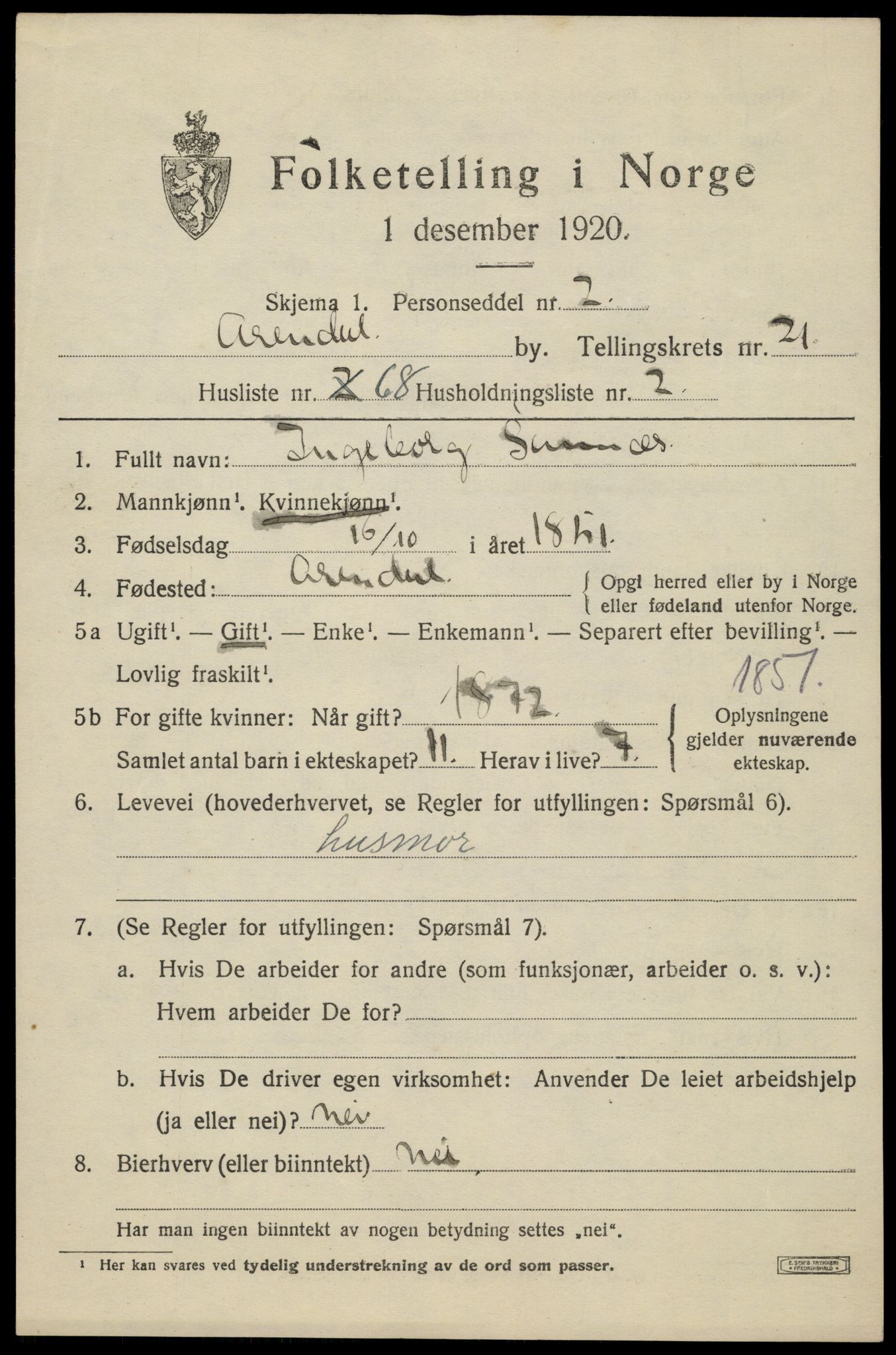 SAK, 1920 census for Arendal, 1920, p. 28122