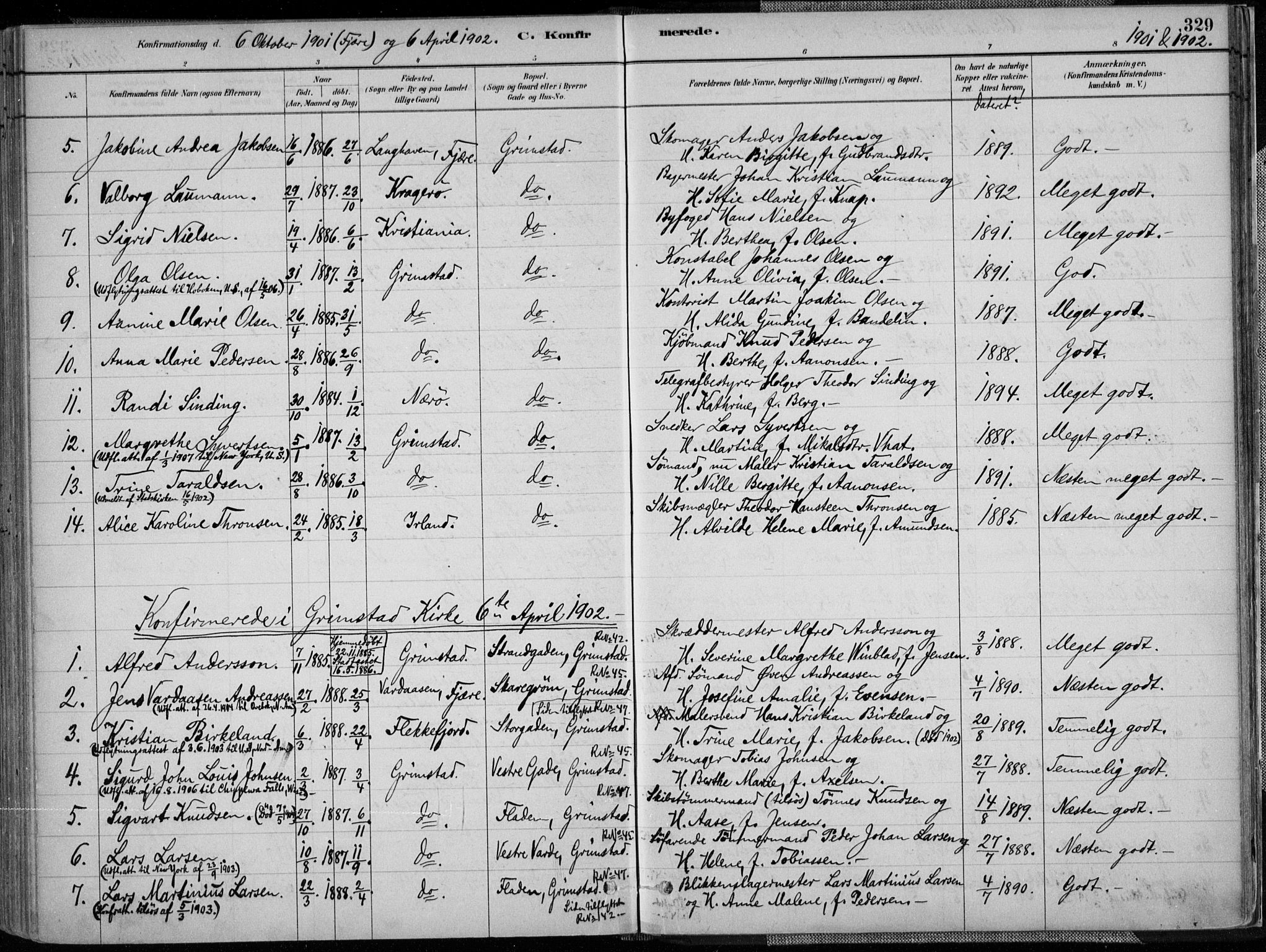 Grimstad sokneprestkontor, SAK/1111-0017/F/Fa/L0003: Parish register (official) no. A 2, 1882-1912, p. 329