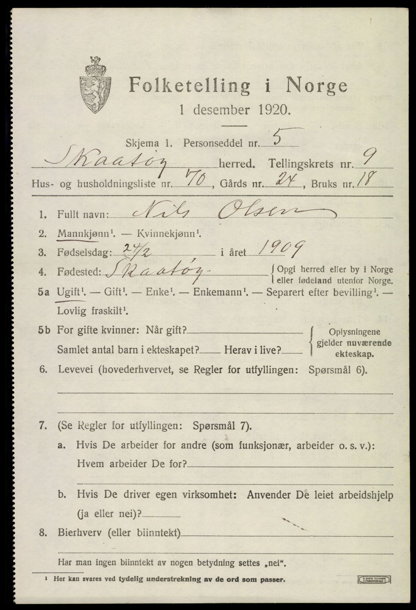 SAKO, 1920 census for Skåtøy, 1920, p. 7390