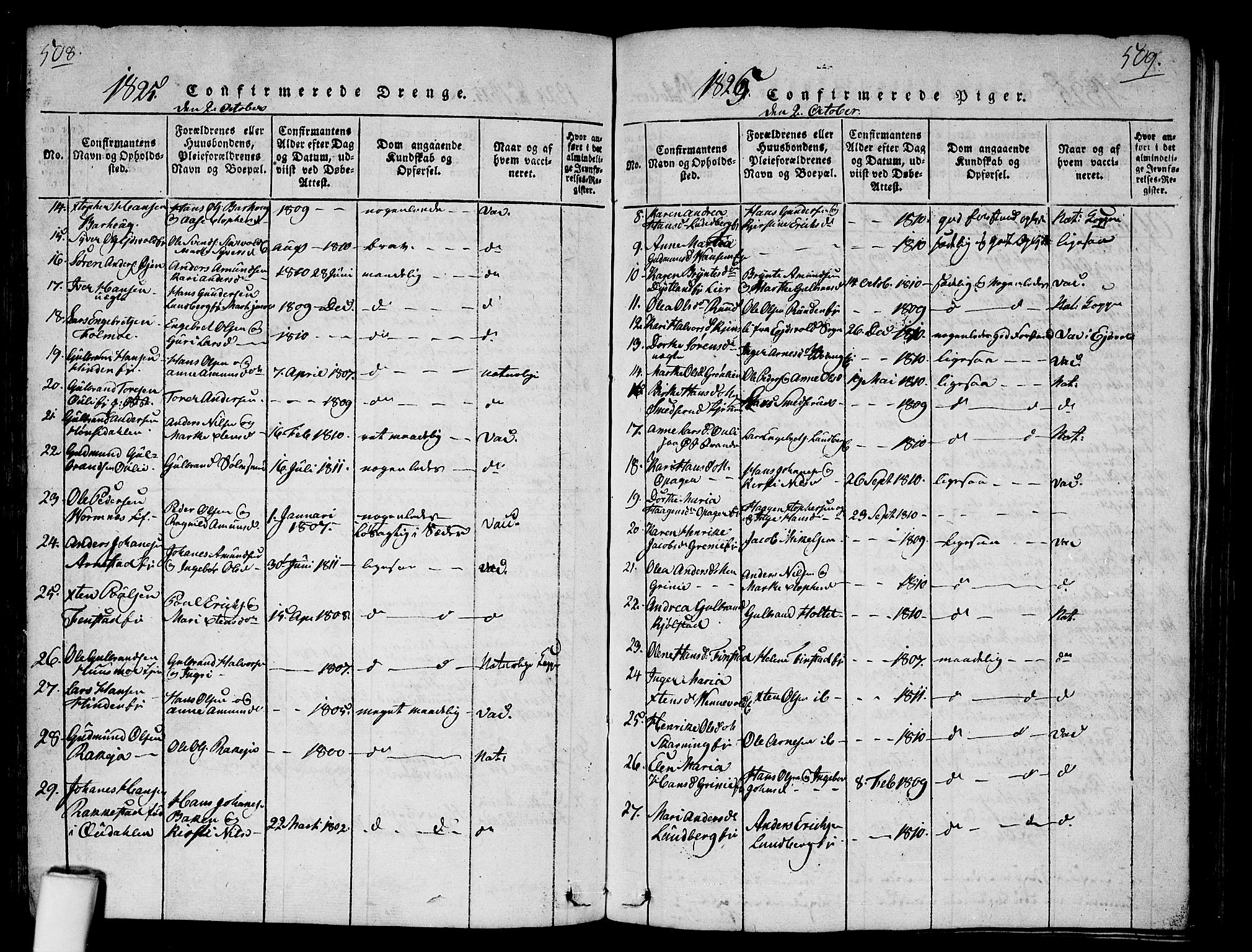 Nes prestekontor Kirkebøker, AV/SAO-A-10410/G/Ga/L0001: Parish register (copy) no. I 1, 1815-1835, p. 508-509