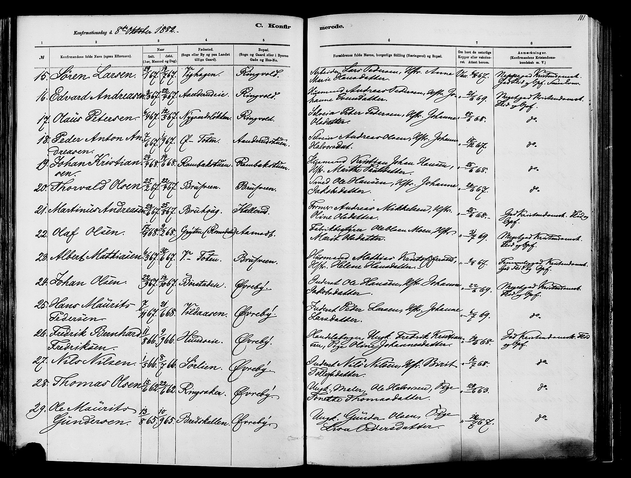 Vardal prestekontor, SAH/PREST-100/H/Ha/Haa/L0009: Parish register (official) no. 9, 1878-1892, p. 101