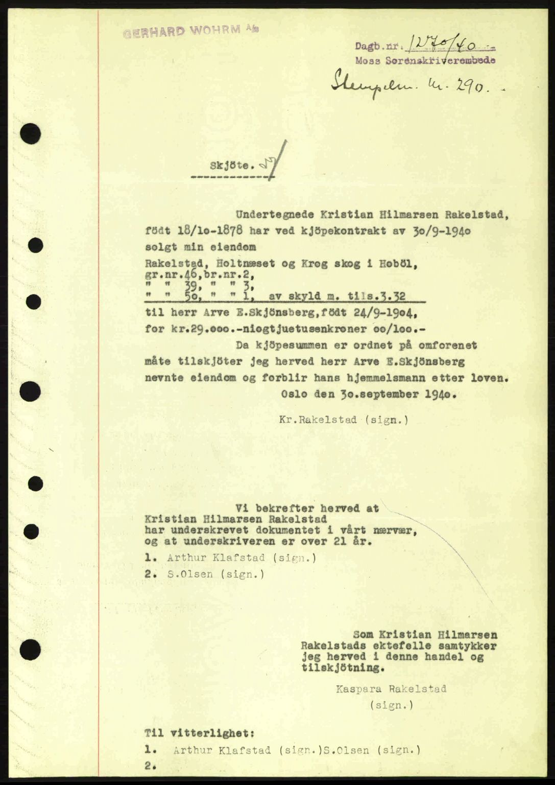Moss sorenskriveri, SAO/A-10168: Mortgage book no. A7, 1940-1940, Diary no: : 1270/1940