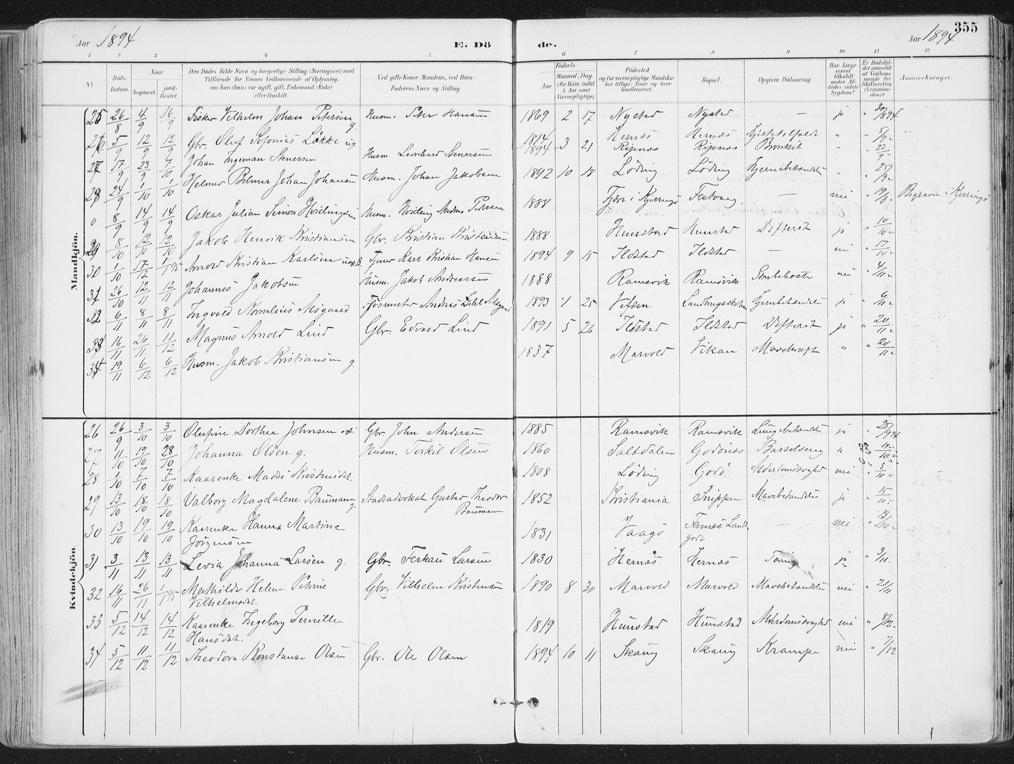 Ministerialprotokoller, klokkerbøker og fødselsregistre - Nordland, AV/SAT-A-1459/802/L0055: Parish register (official) no. 802A02, 1894-1915, p. 355