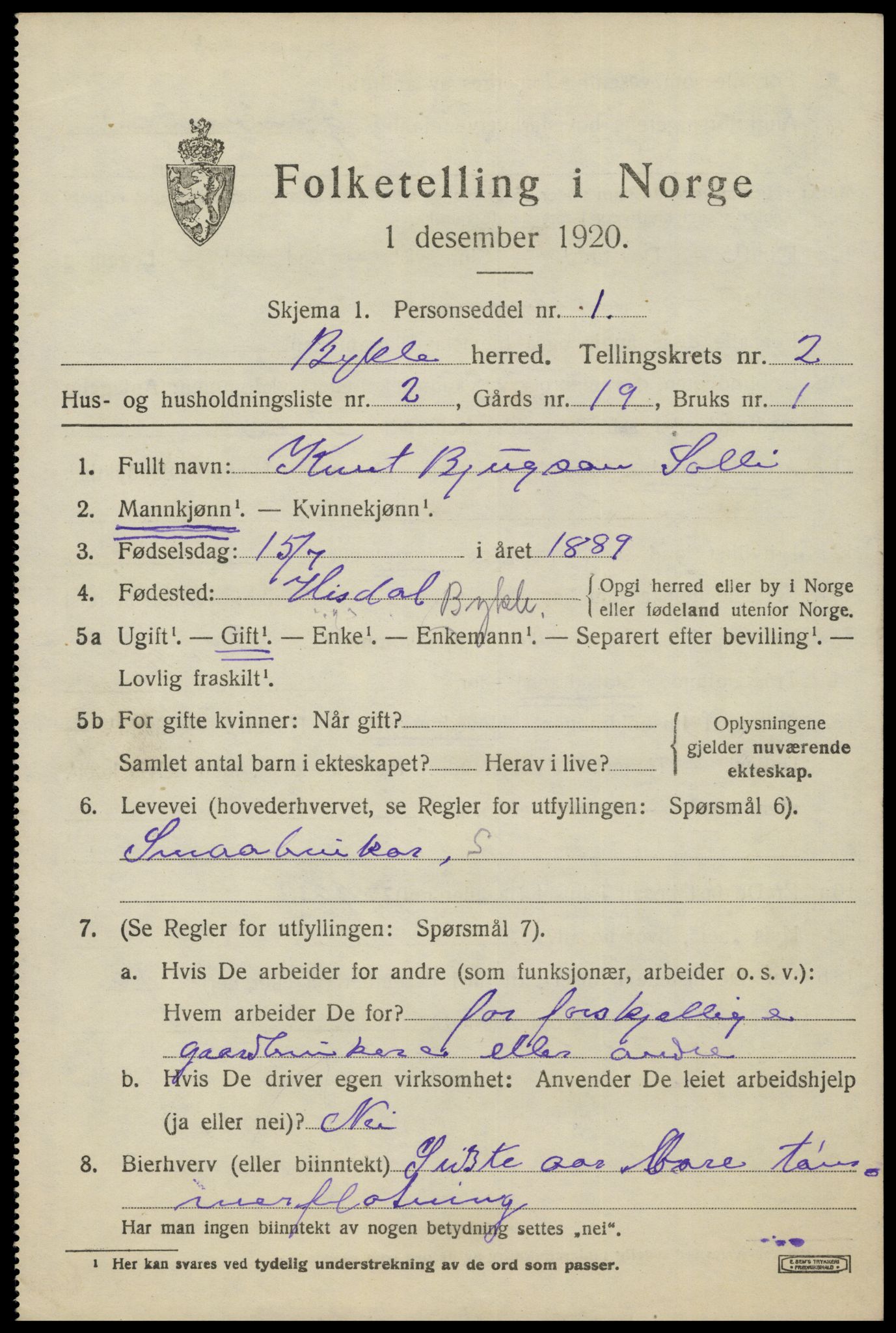 SAK, 1920 census for Bykle, 1920, p. 603