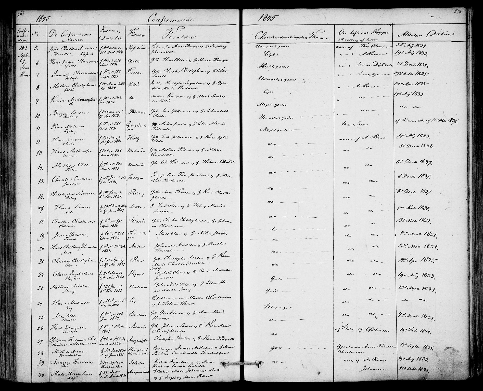 Sem kirkebøker, AV/SAKO-A-5/F/Fa/L0006: Parish register (official) no. I 6, 1843-1855, p. 269-270