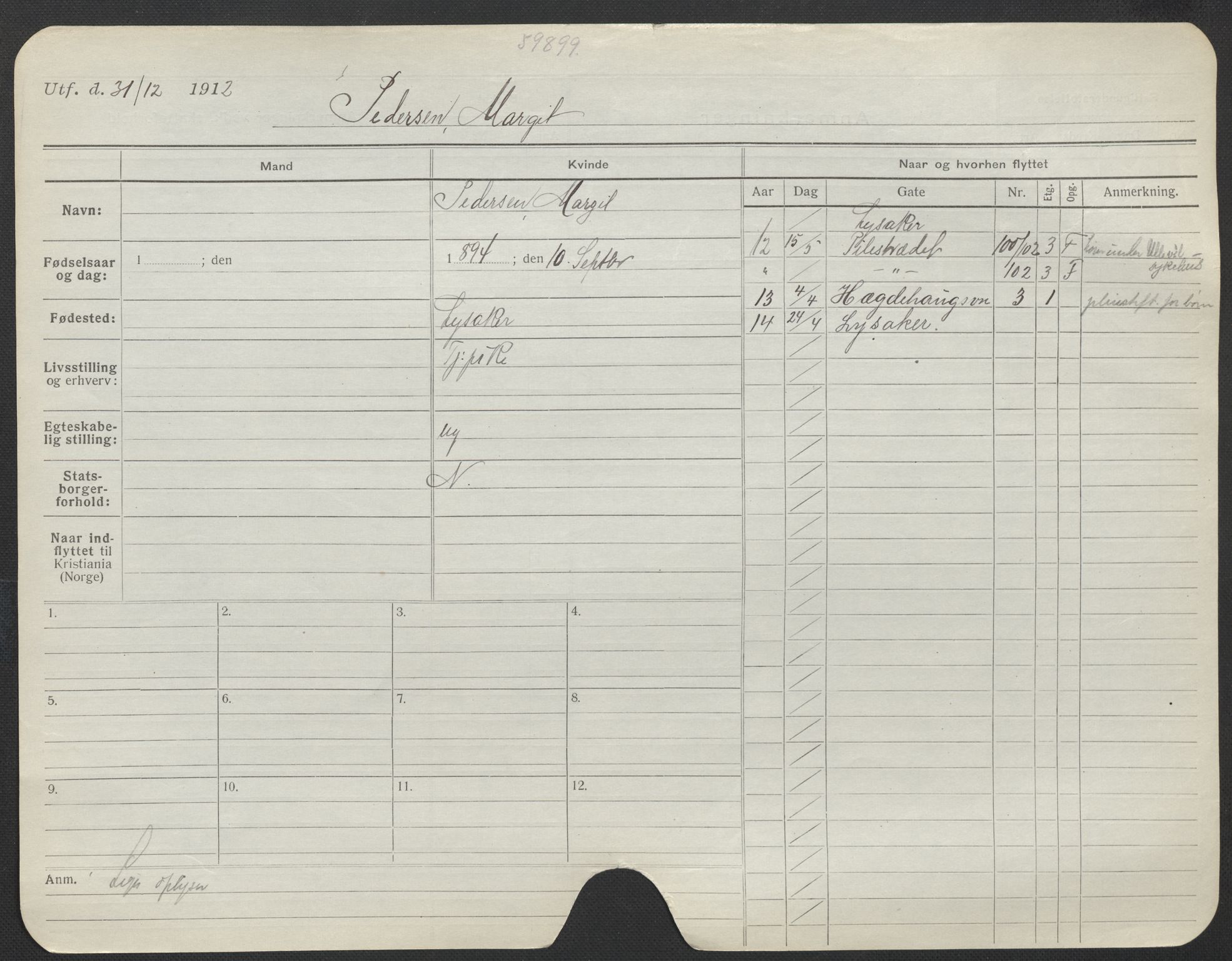 Oslo folkeregister, Registerkort, SAO/A-11715/F/Fa/Fac/L0022: Kvinner, 1906-1914, p. 801a